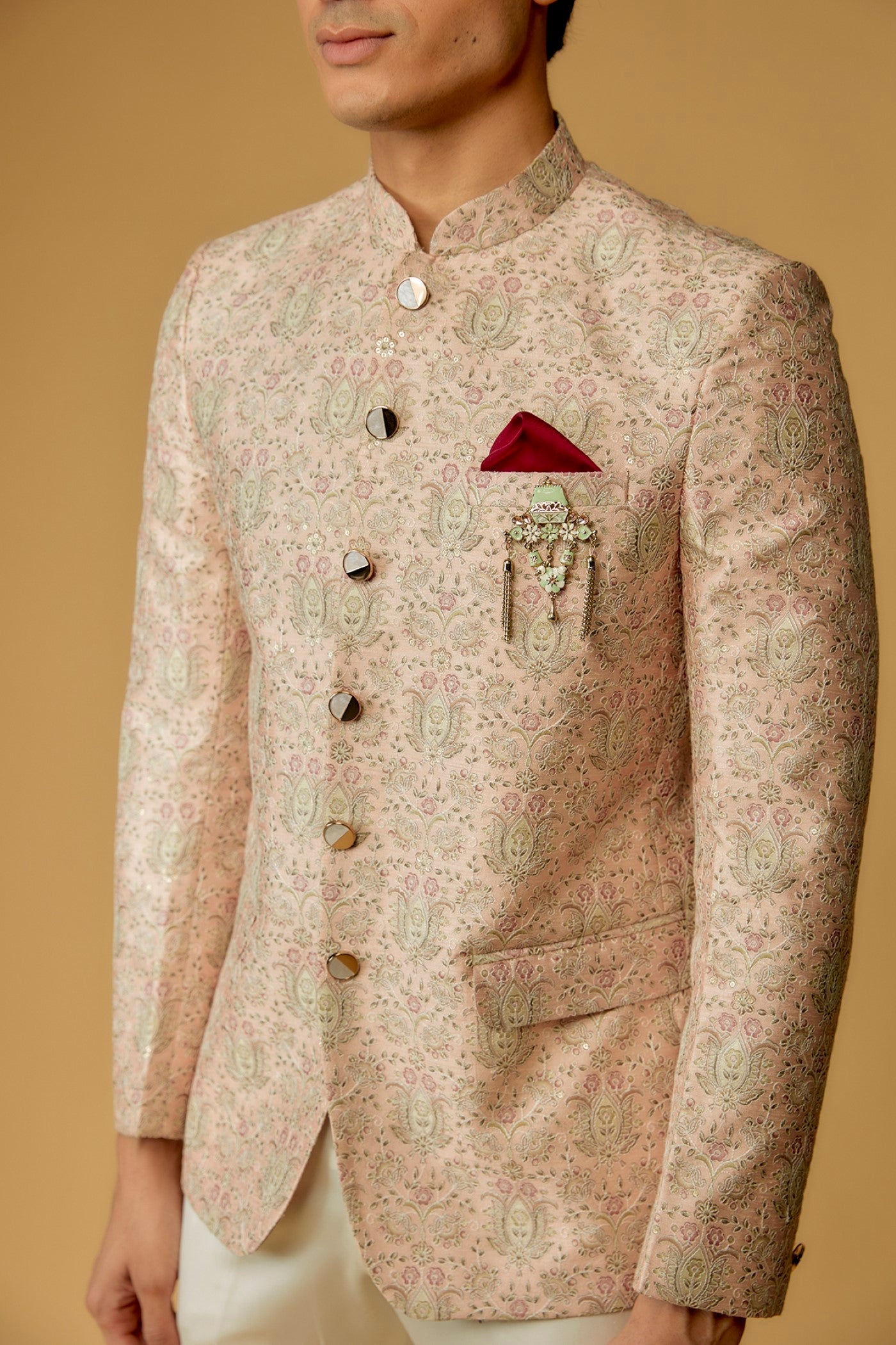 Peach Silk Printed Jodhpuri Bandgala Set