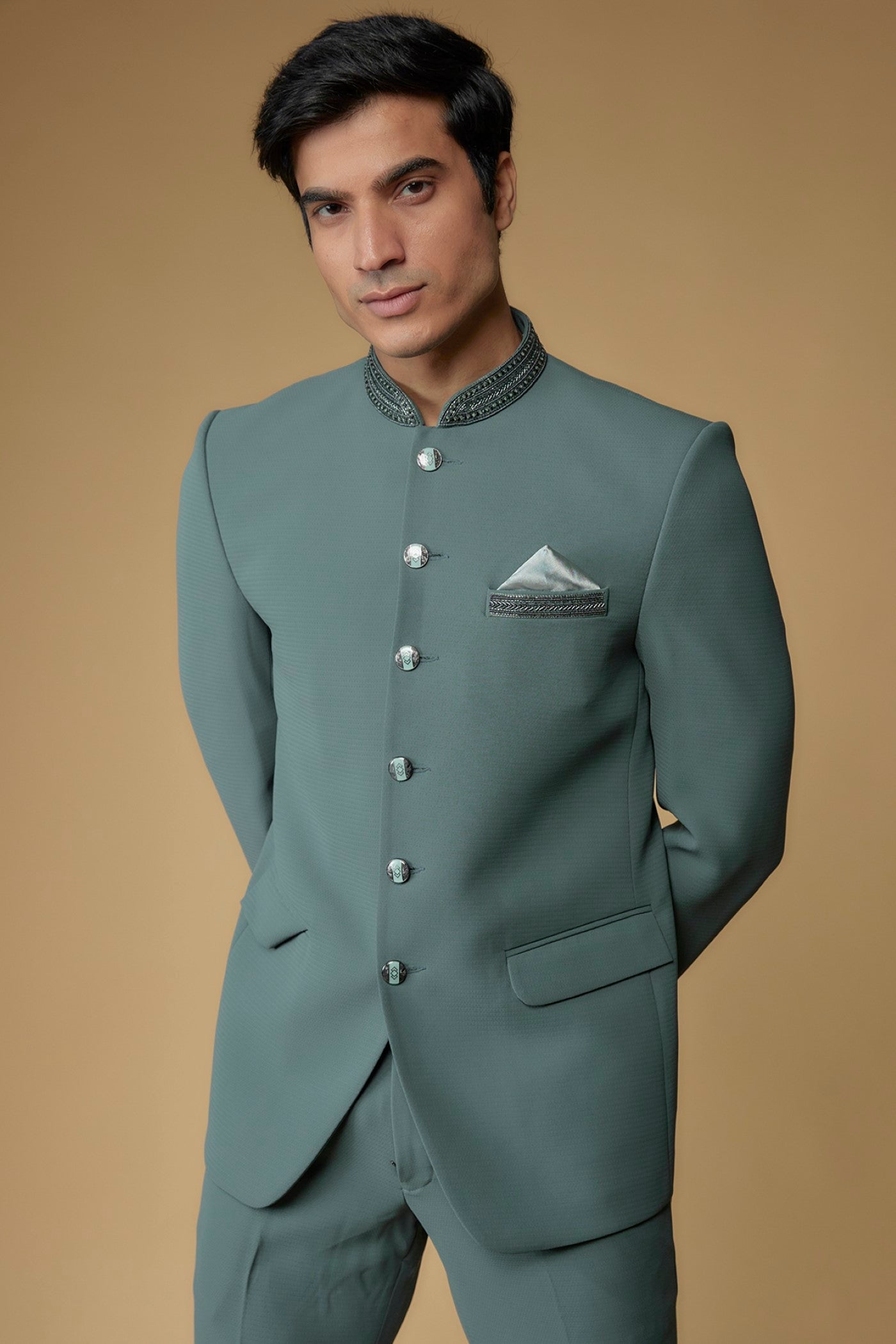 Teal Blue Japanese Suiting Fabric Bandgala Set