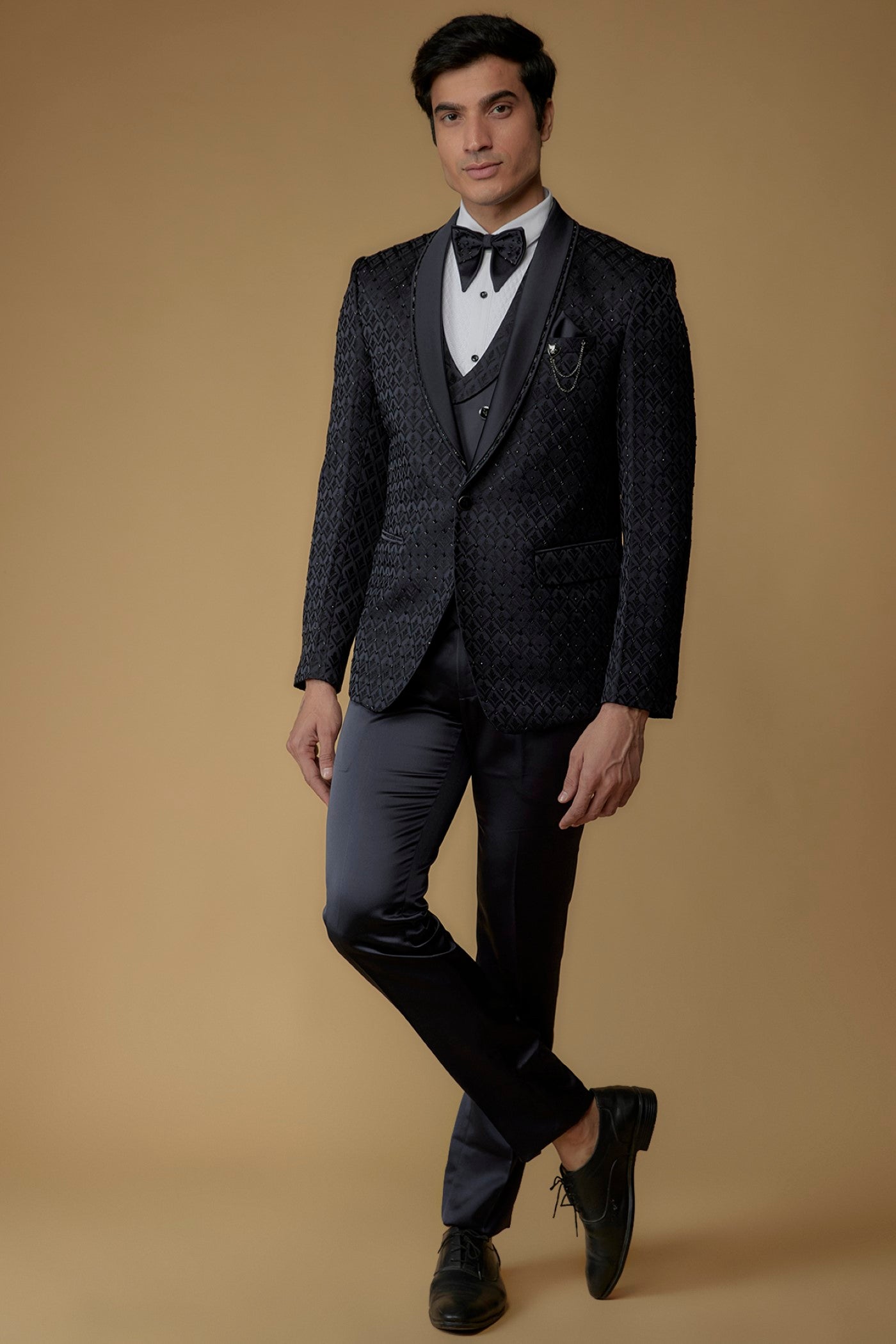 Grease Black Jacquard Cutdana Embroidered Tuxedo Set
