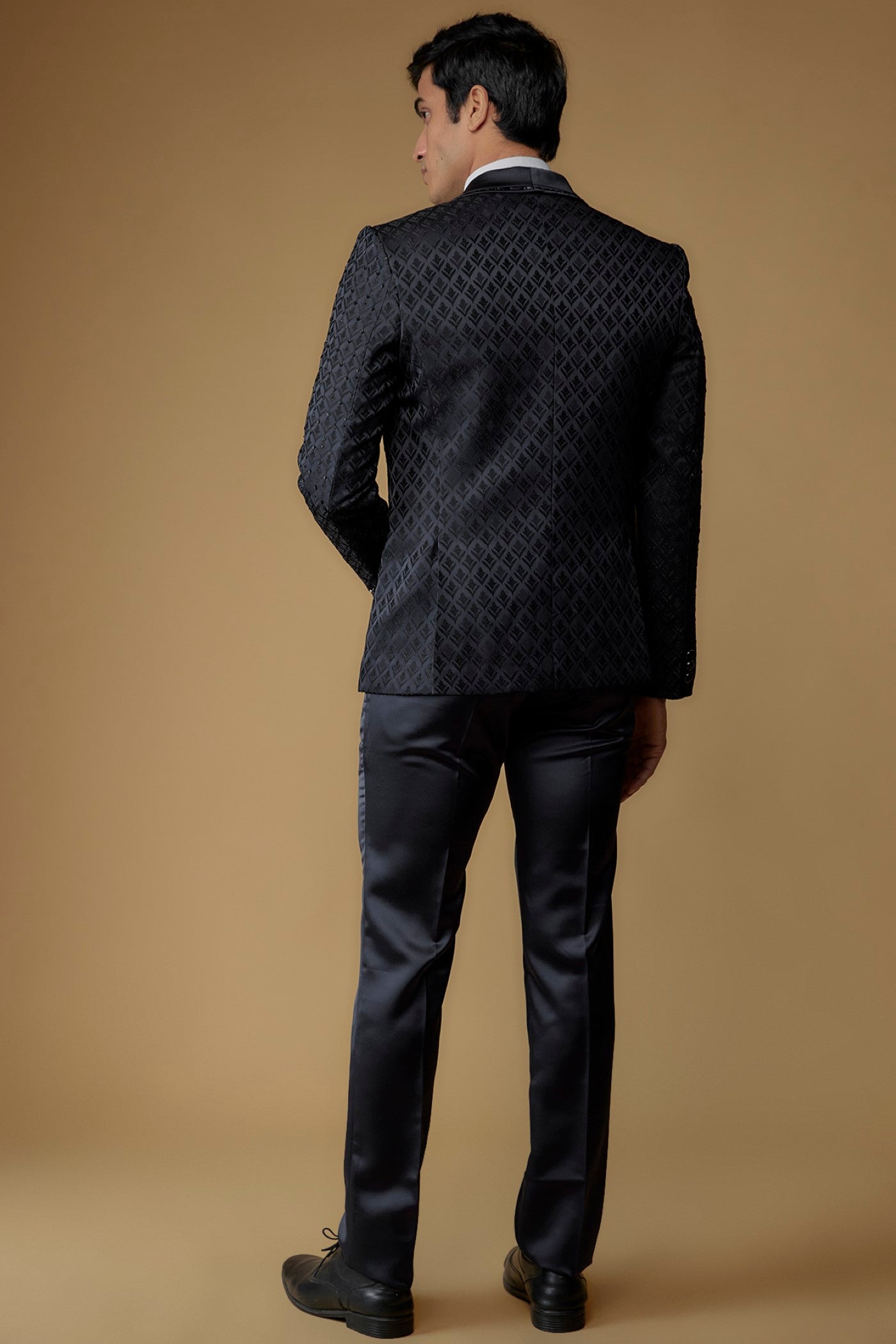 Grease Black Jacquard Cutdana Embroidered Tuxedo Set
