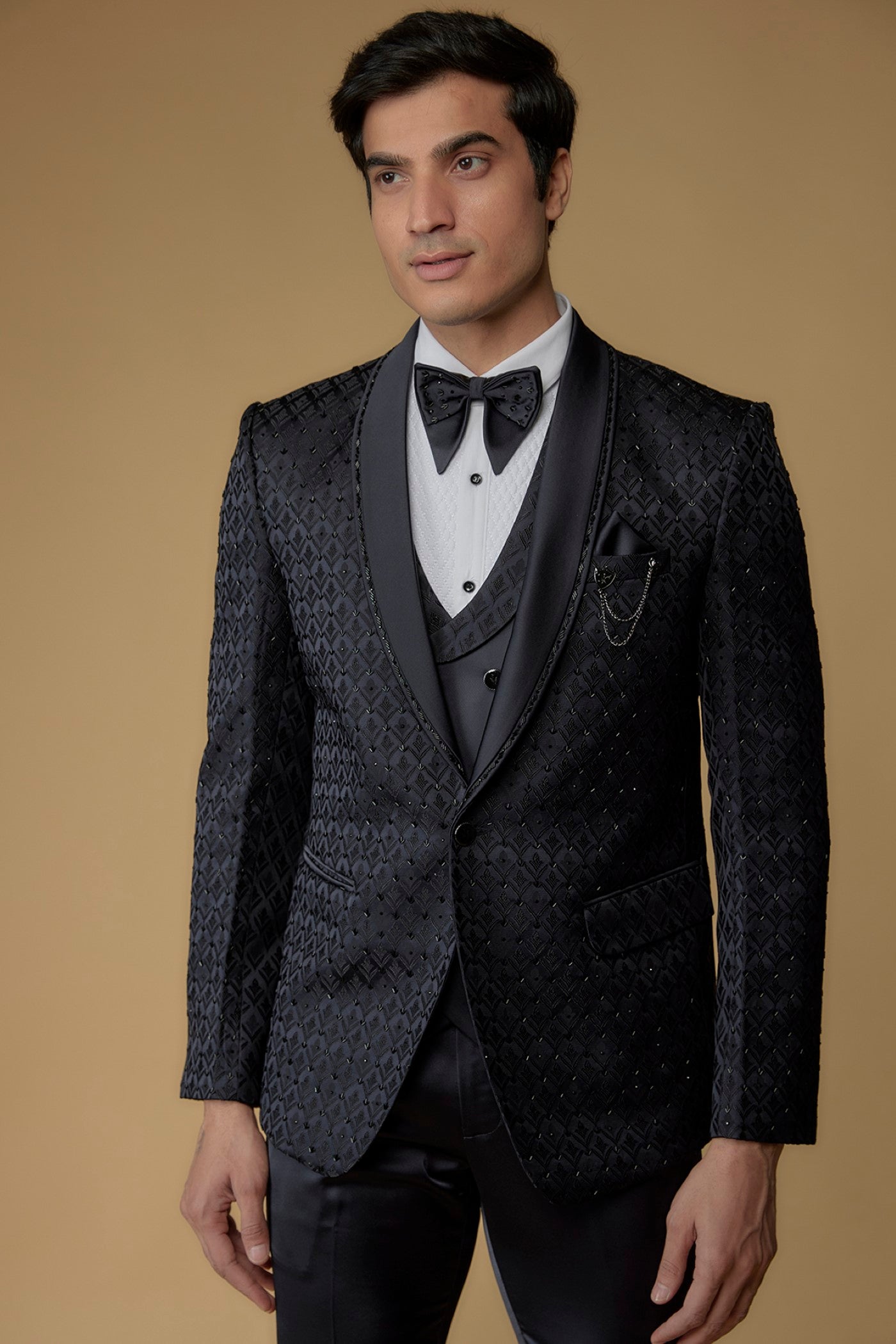 Grease Black Jacquard Cutdana Embroidered Tuxedo Set
