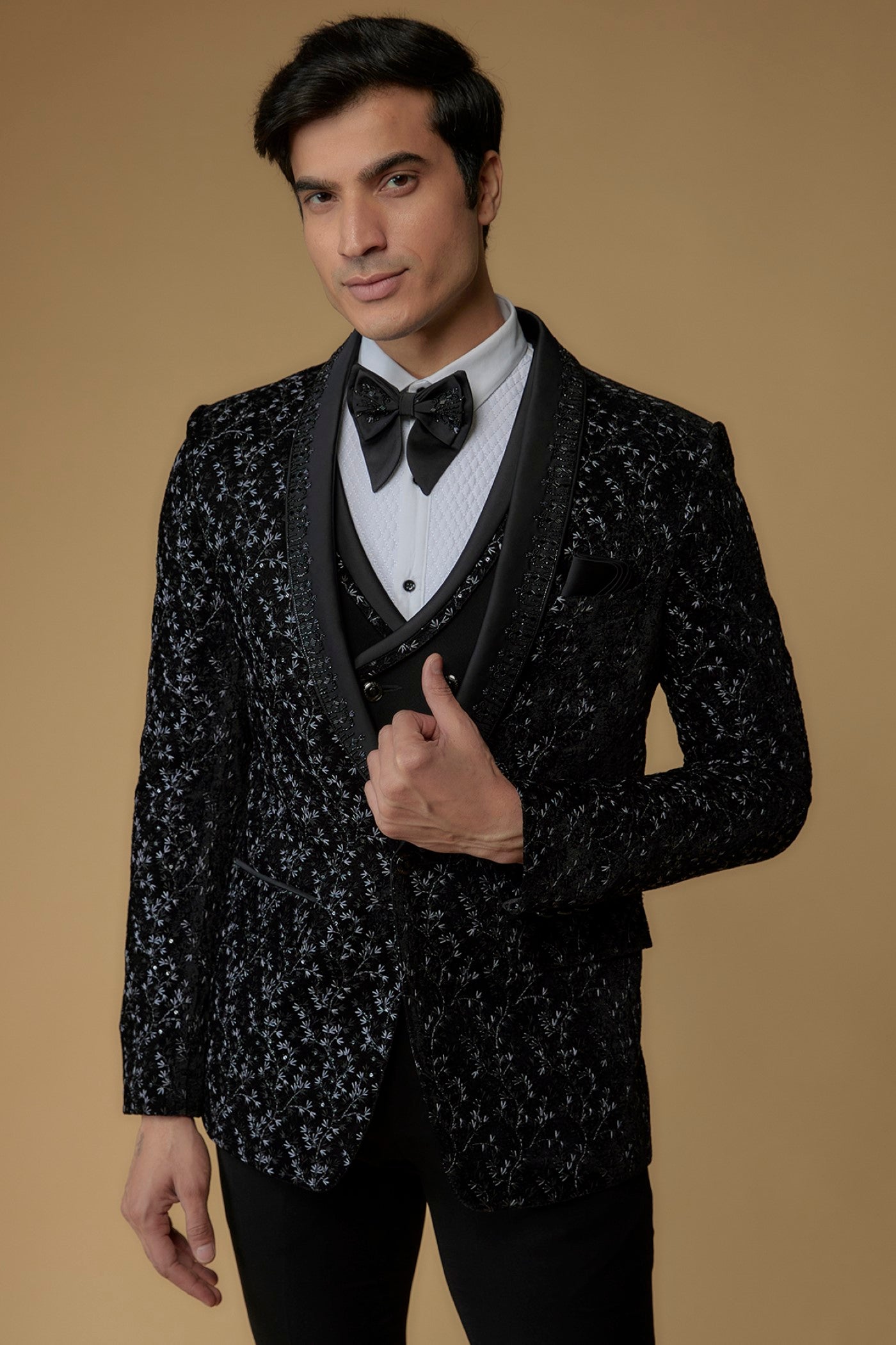 Black Velvet Thread Embroidered Tuxedo Set