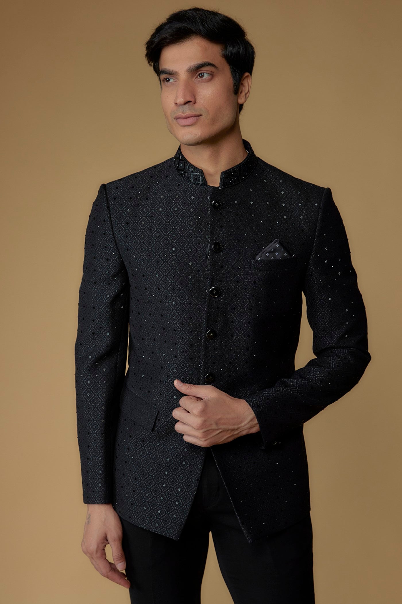 Onyx Black Imported Jacquard Cutdana Embroidered Bandhgala Set