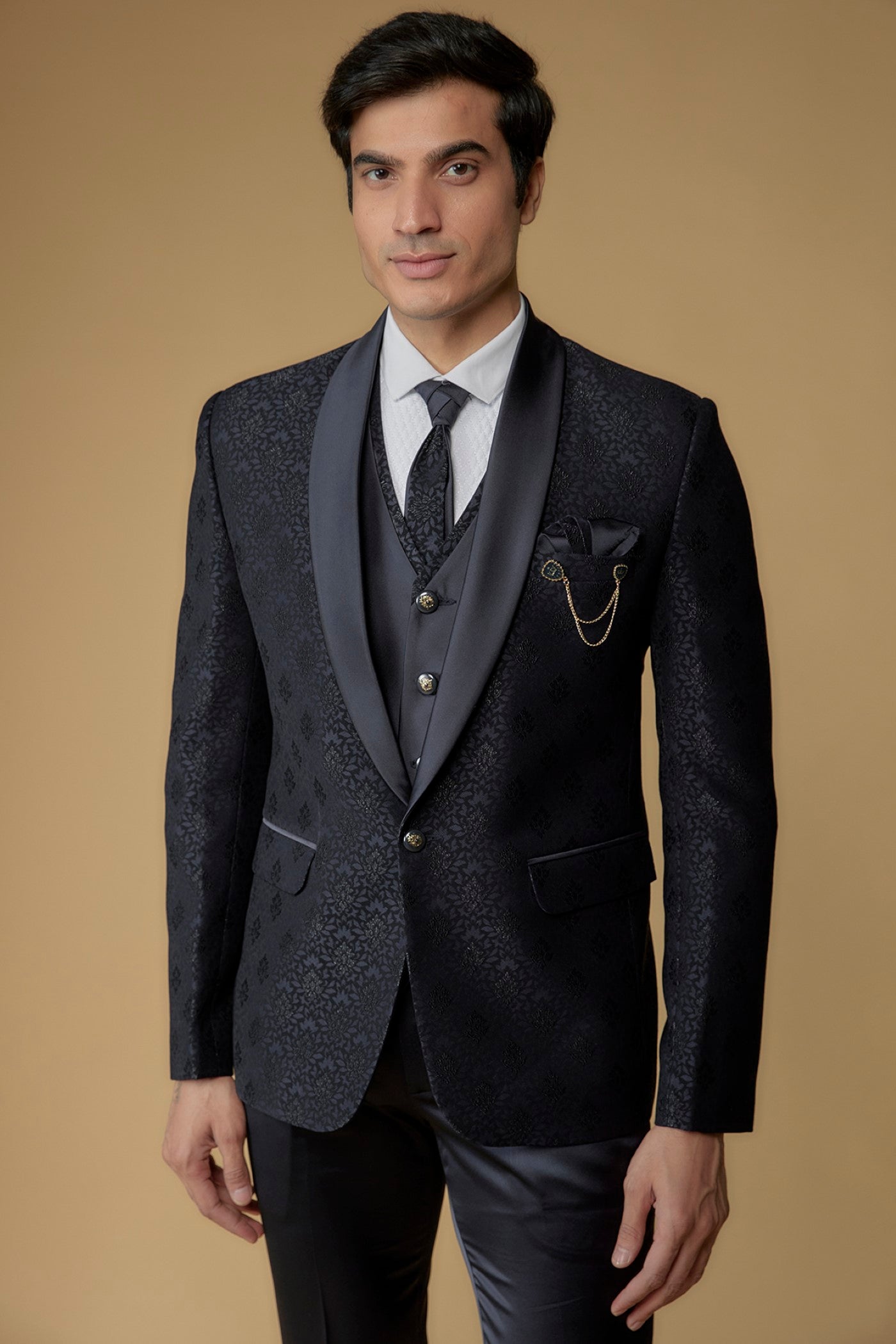 Black Italian Jacquard Hand Embroidered Tuxedo Set