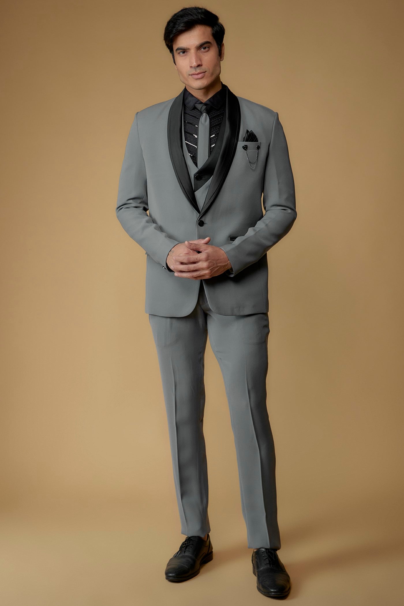 Dusty Grey Japanese Suiting Hand Embroidered Tuxedo Set