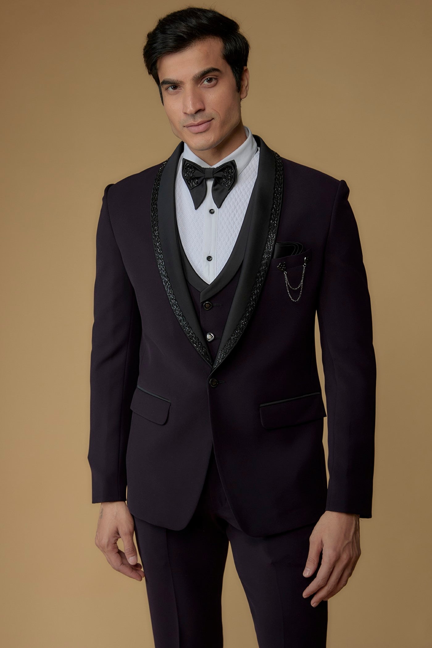 Dark Wine Japanese Suiting Hand Embroidered Tuxedo Set