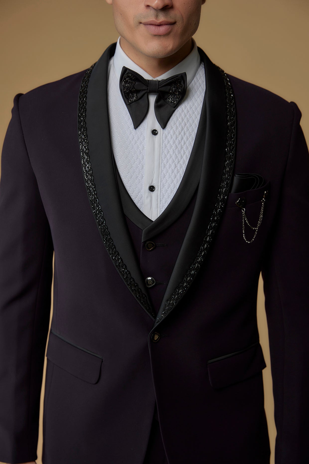 Dark Wine Japanese Suiting Hand Embroidered Tuxedo Set