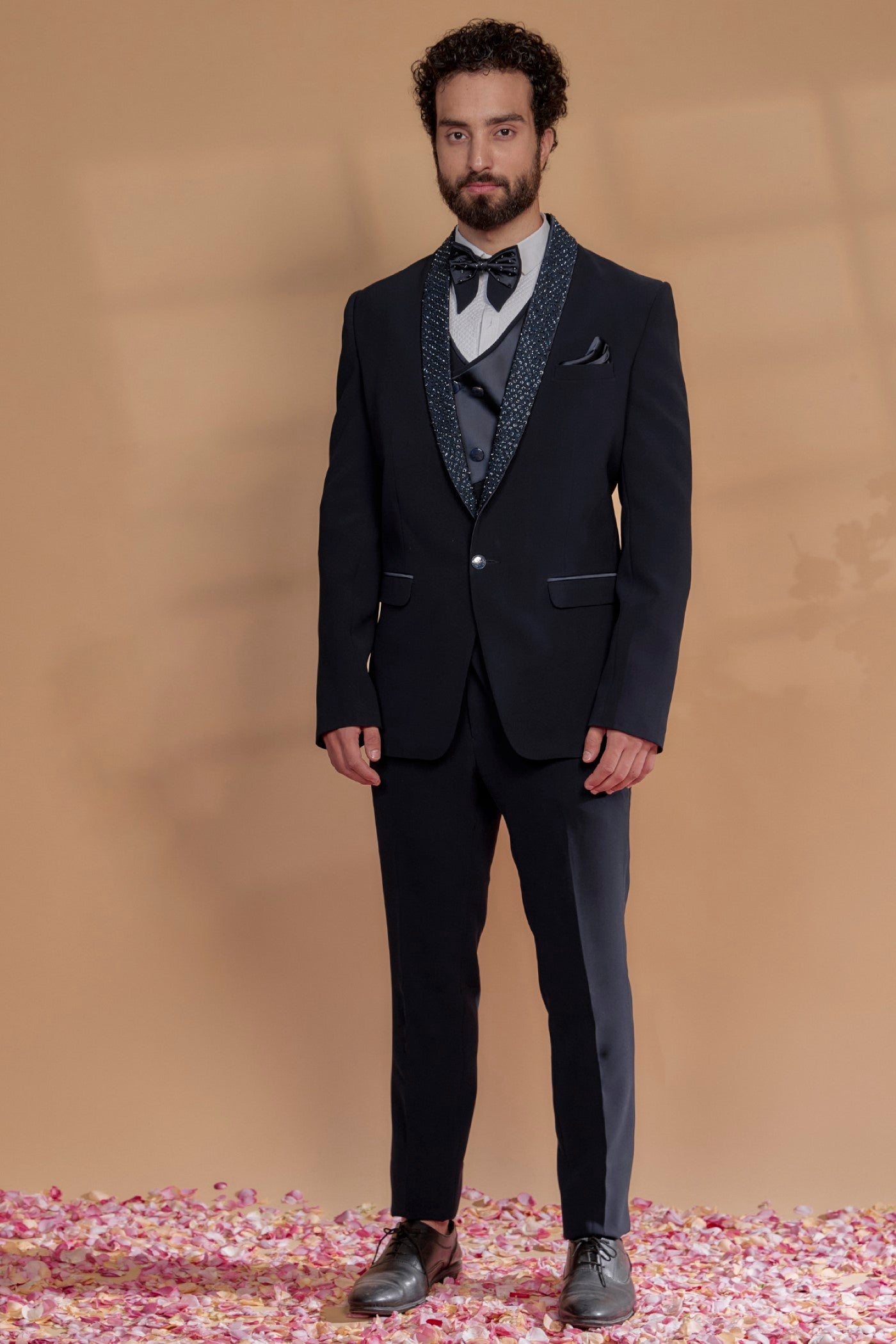 Deep Blue Suiting Fabric Embroidered Tuxedo Set