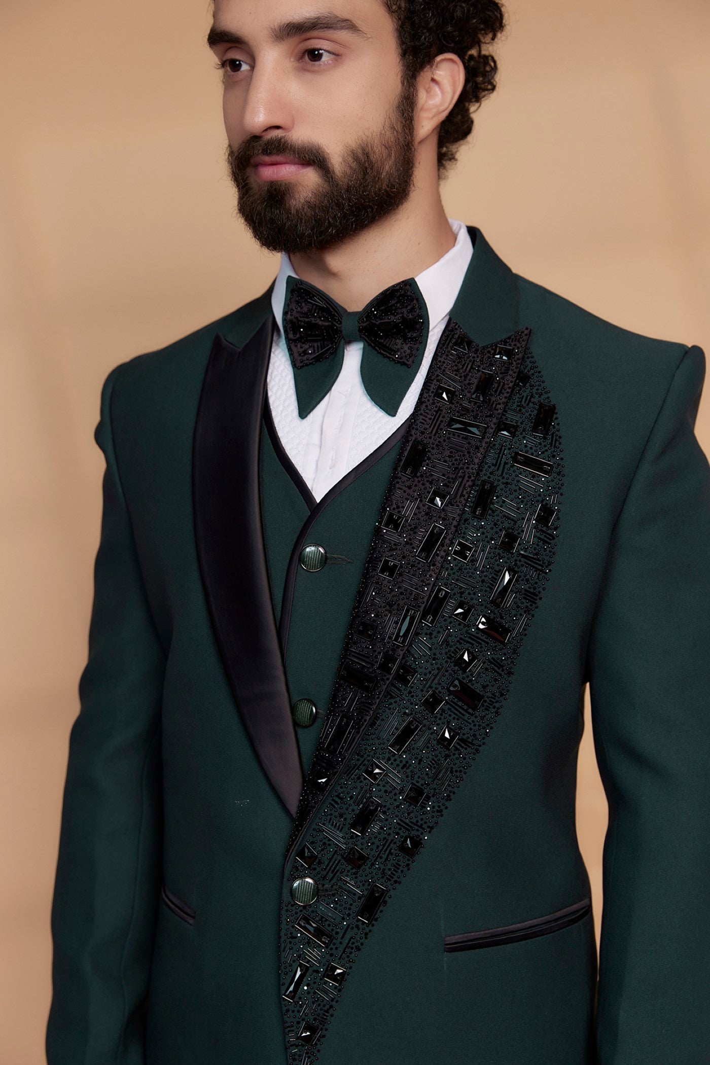 Deep Green Imported Suiting Fabric Embroidered Tuxedo Set