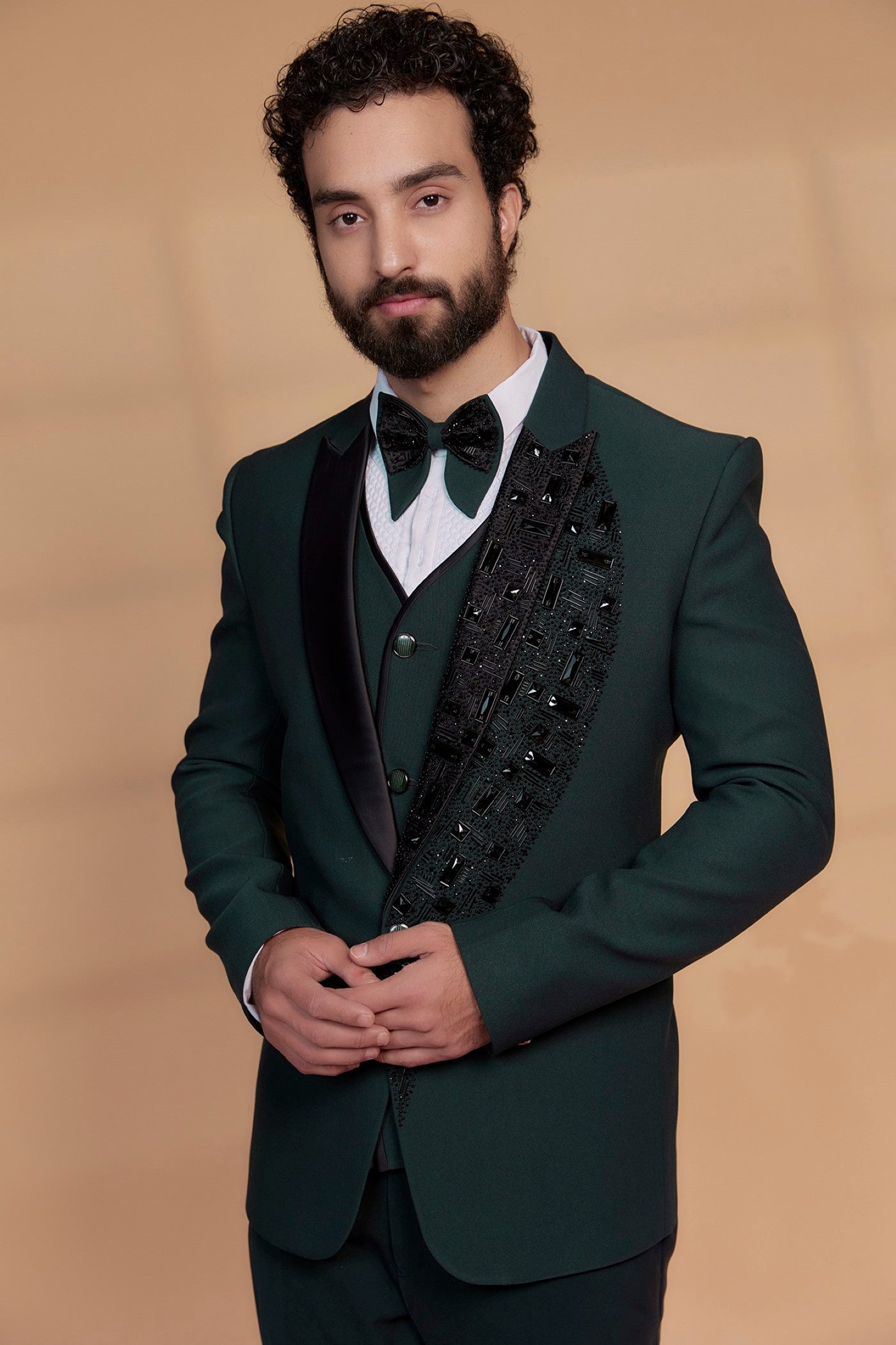 Deep Green Imported Suiting Fabric Embroidered Tuxedo Set