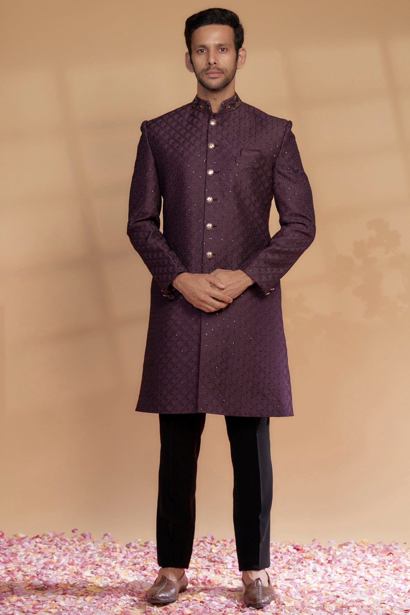 Wine Raw Silk Sherwani Set