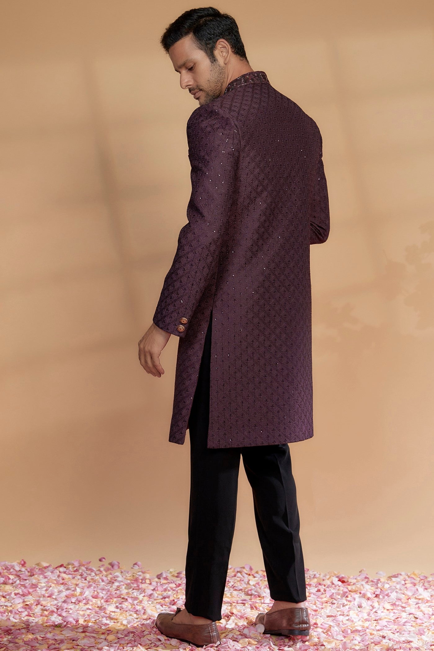 Wine Raw Silk Sherwani Set