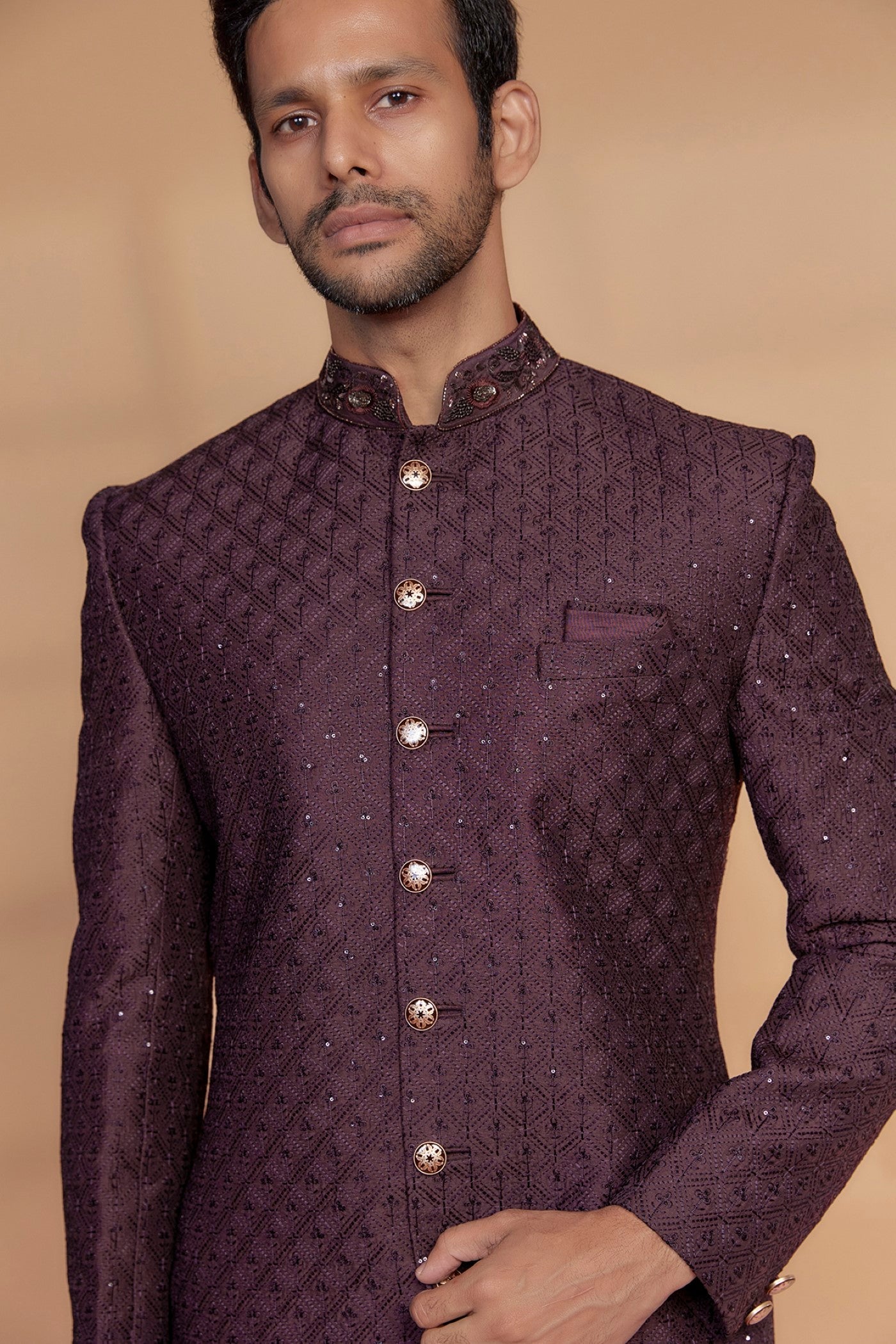 Wine Raw Silk Sherwani Set