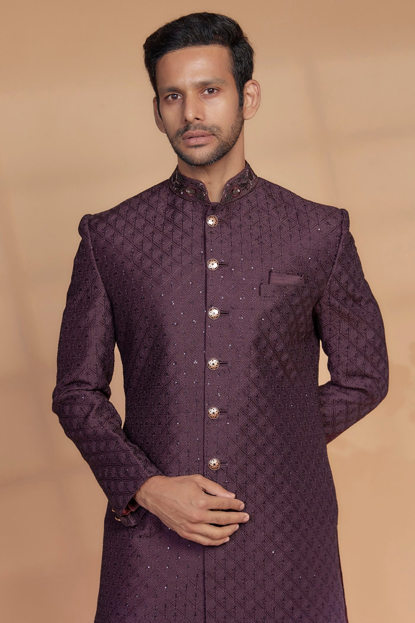 Wine Raw Silk Sherwani Set