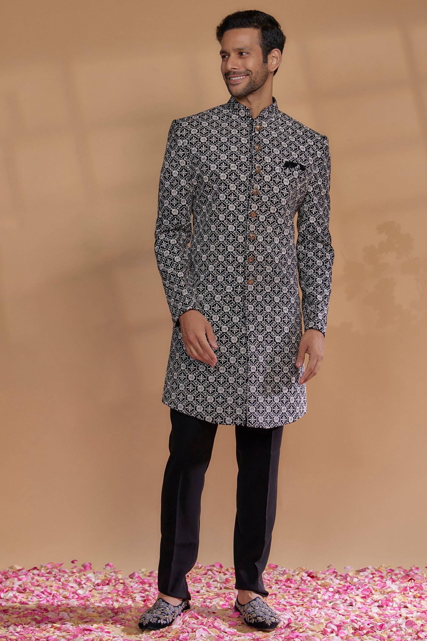 Black Raw Silk Thread Embroidered Sherwani Set