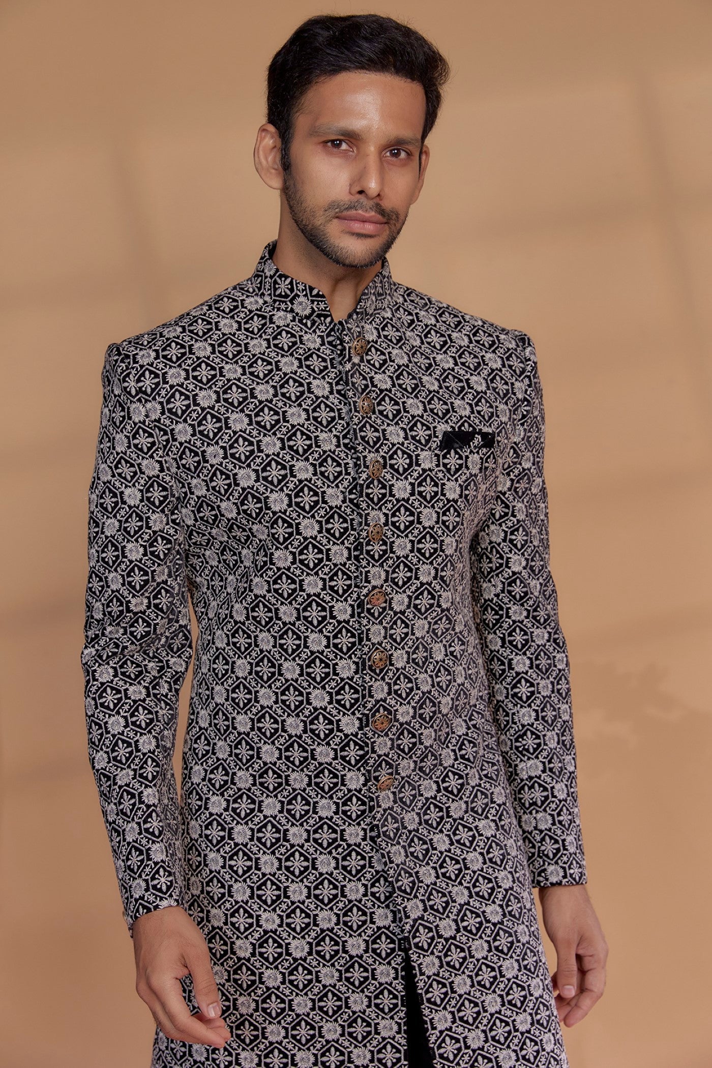 Black Raw Silk Thread Embroidered Sherwani Set