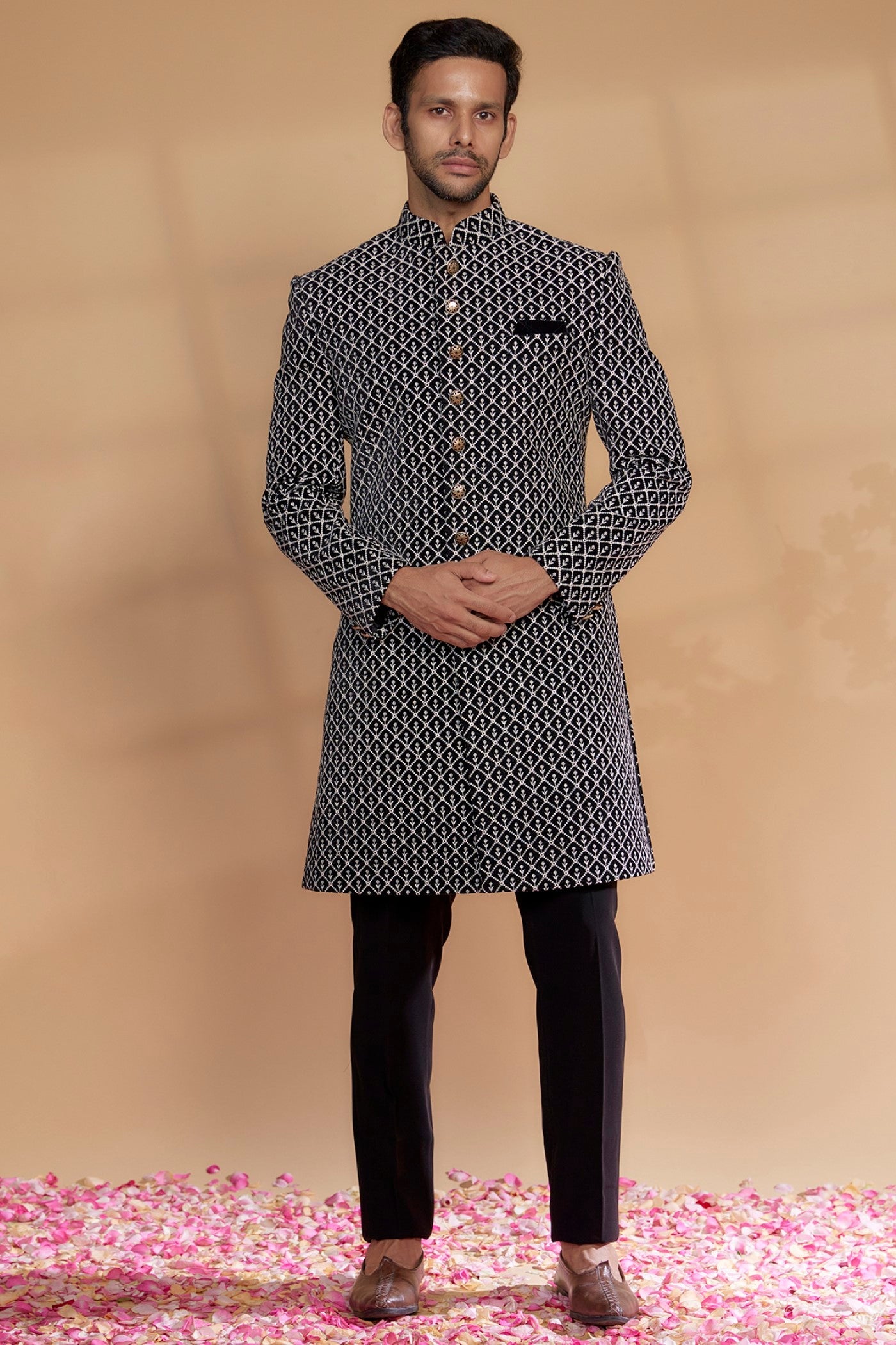 Black Velvet Embroidered Sherwani Set