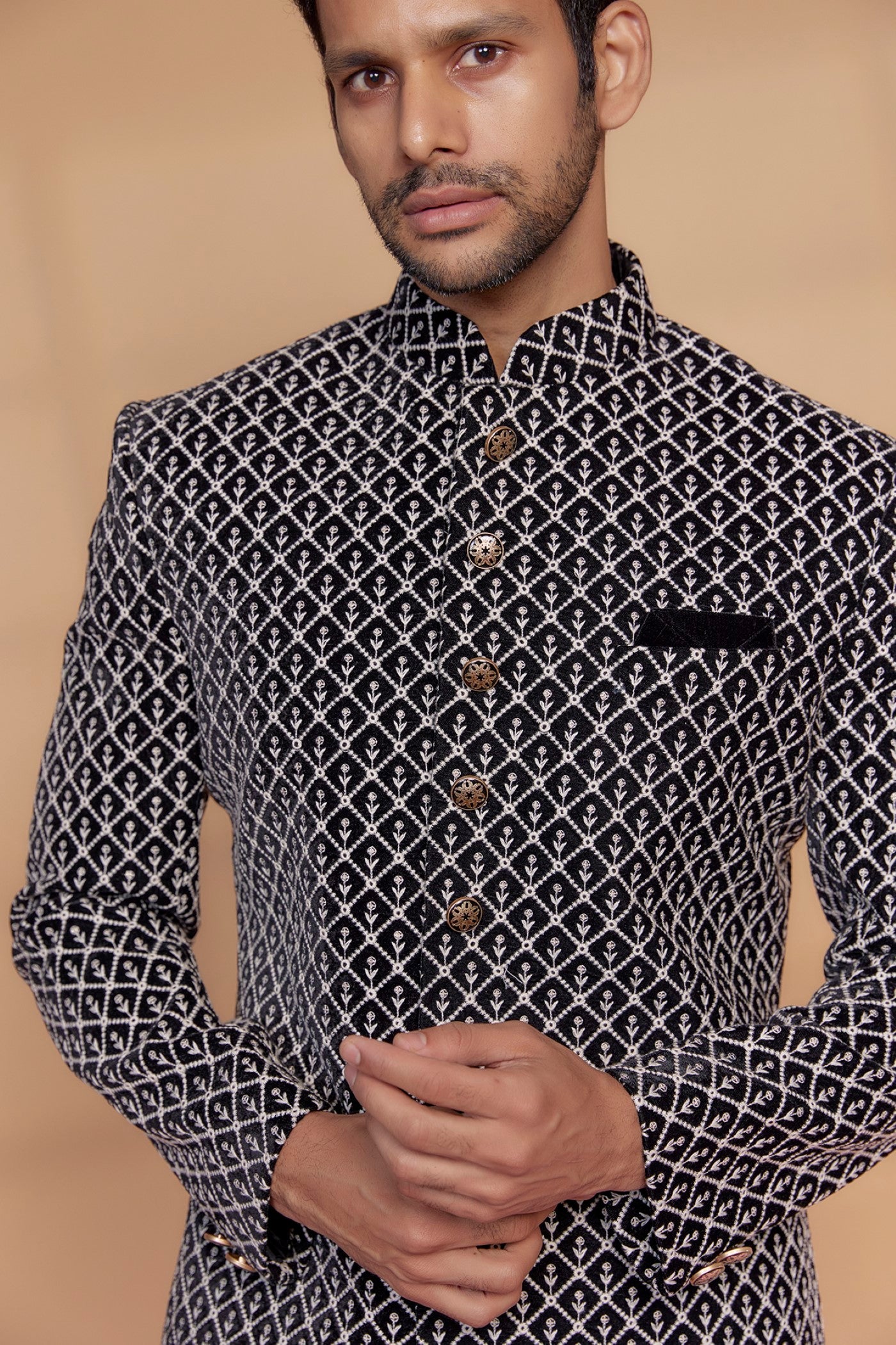 Black Velvet Embroidered Sherwani Set