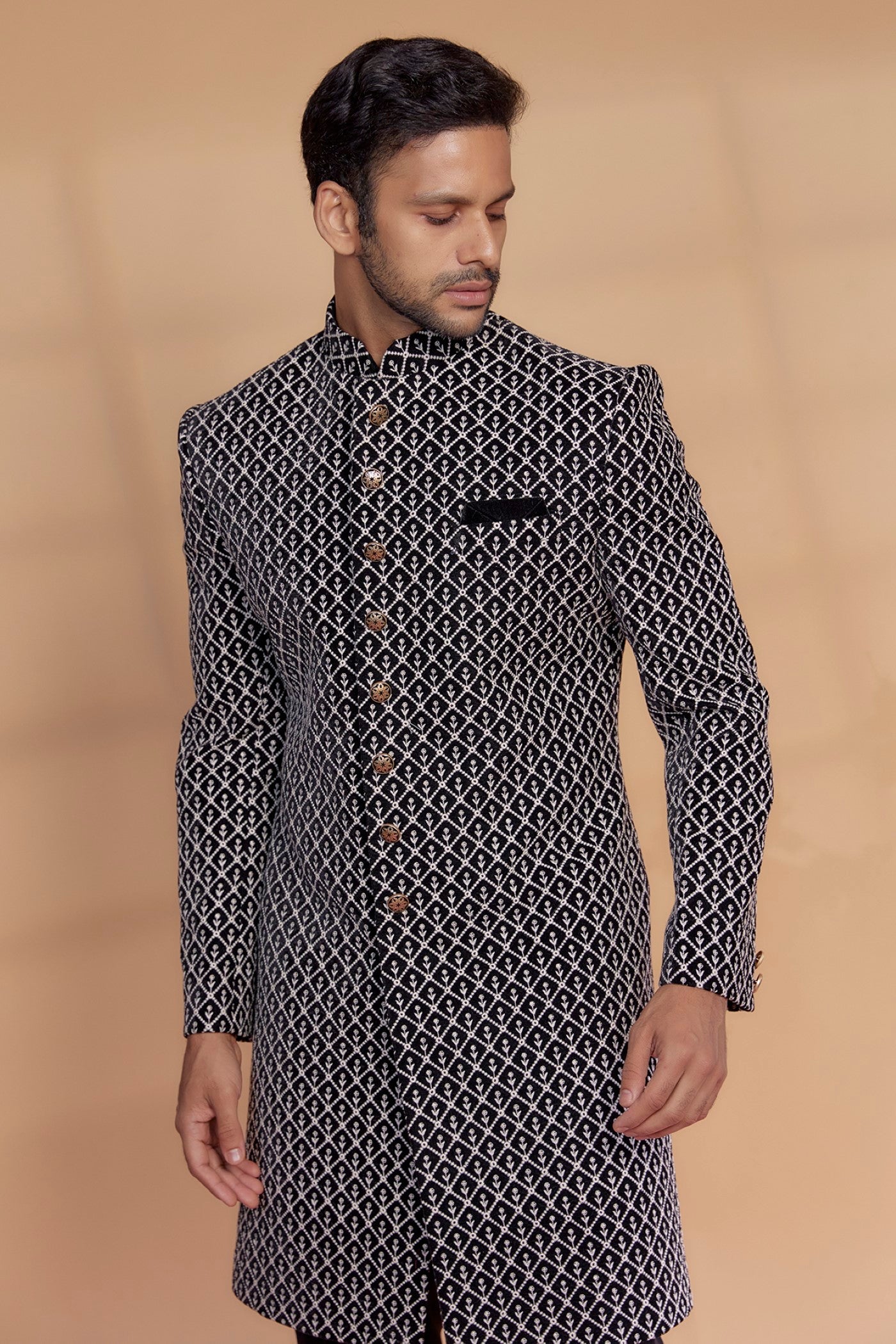 Black Velvet Embroidered Sherwani Set