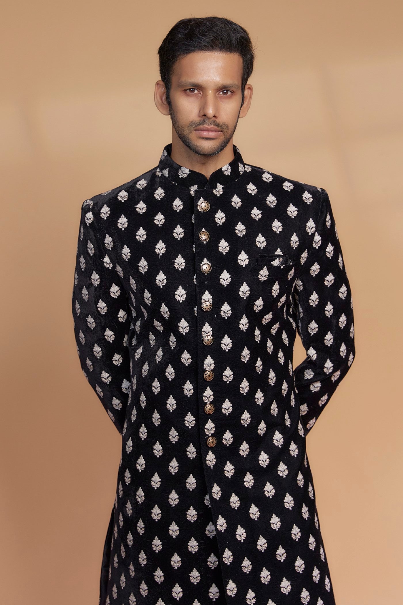 Black Velvet Thread Embellished Sherwani Set