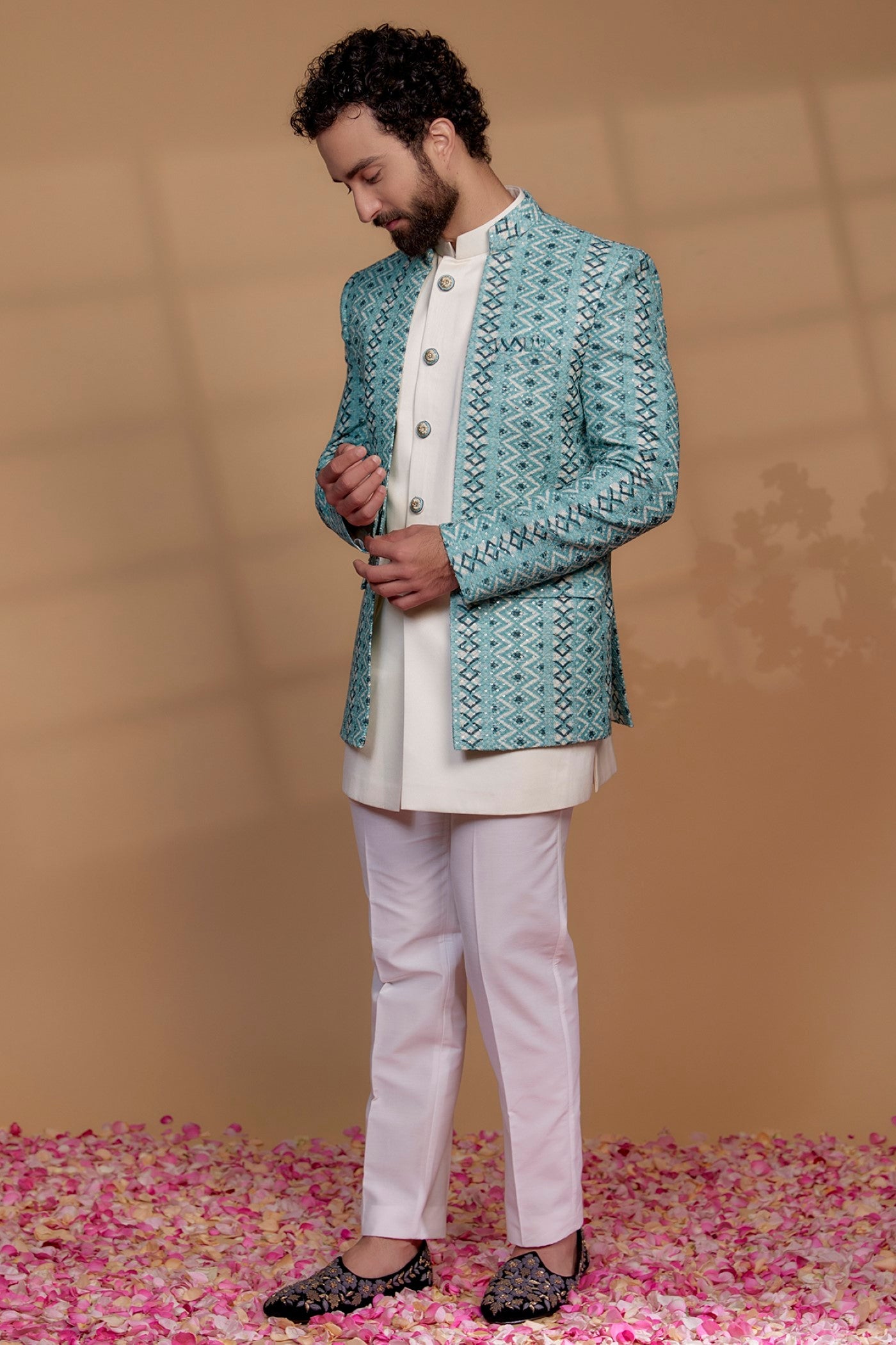 Turquoise Blue Silk & Imported Suiting Fabric Indowestern Set