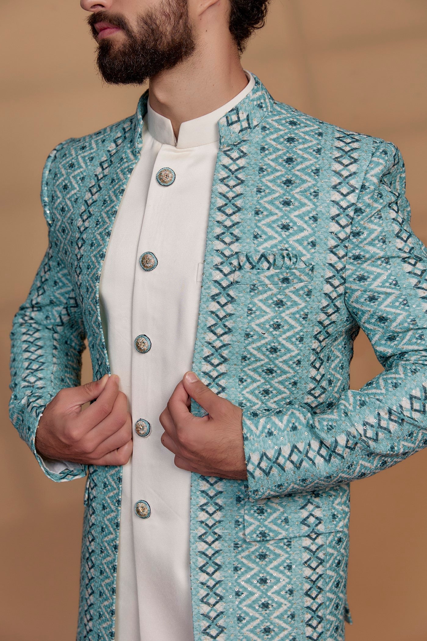 Turquoise Blue Silk & Imported Suiting Fabric Indowestern Set