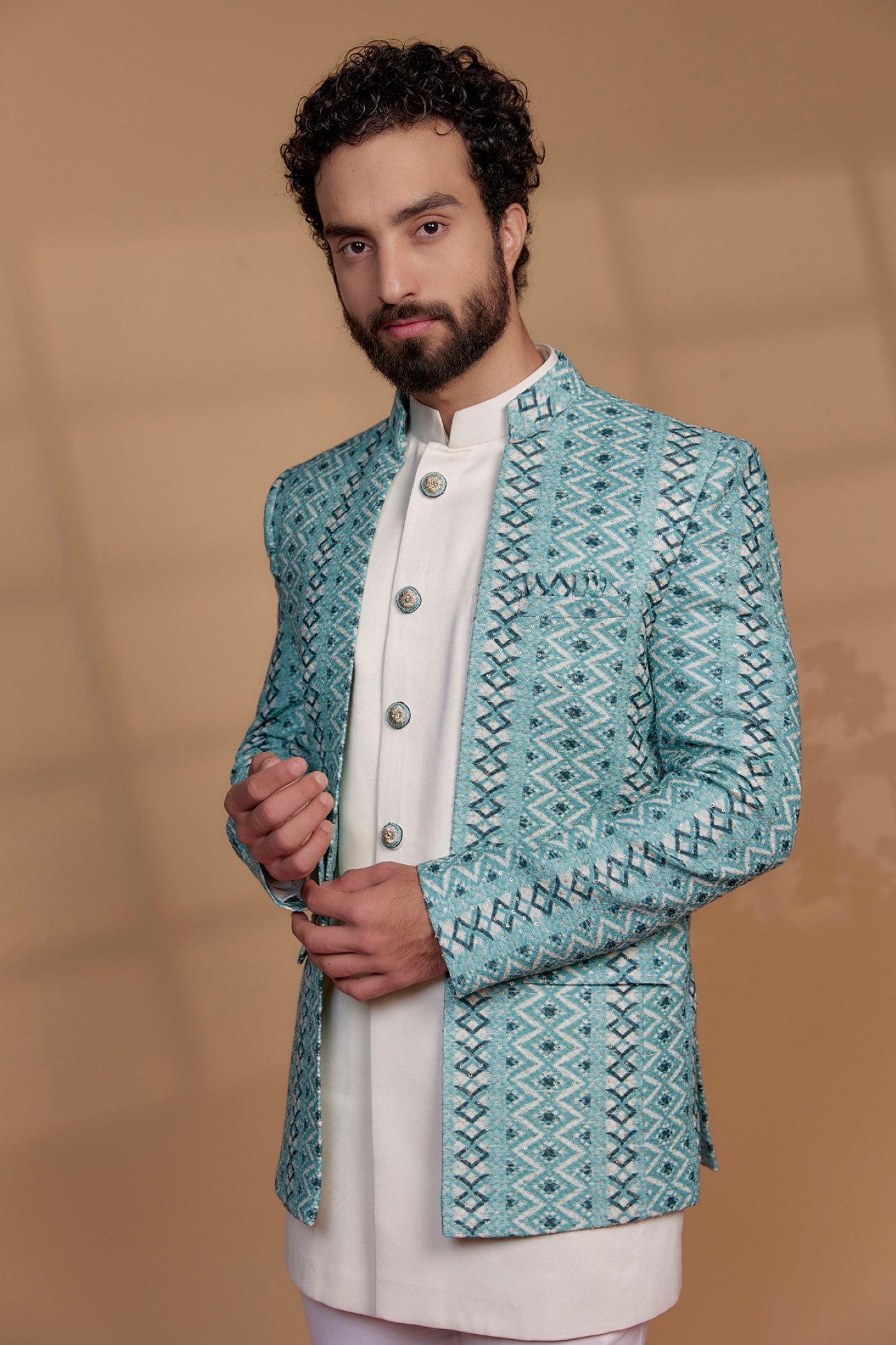 Turquoise Blue Silk & Imported Suiting Fabric Indowestern Set