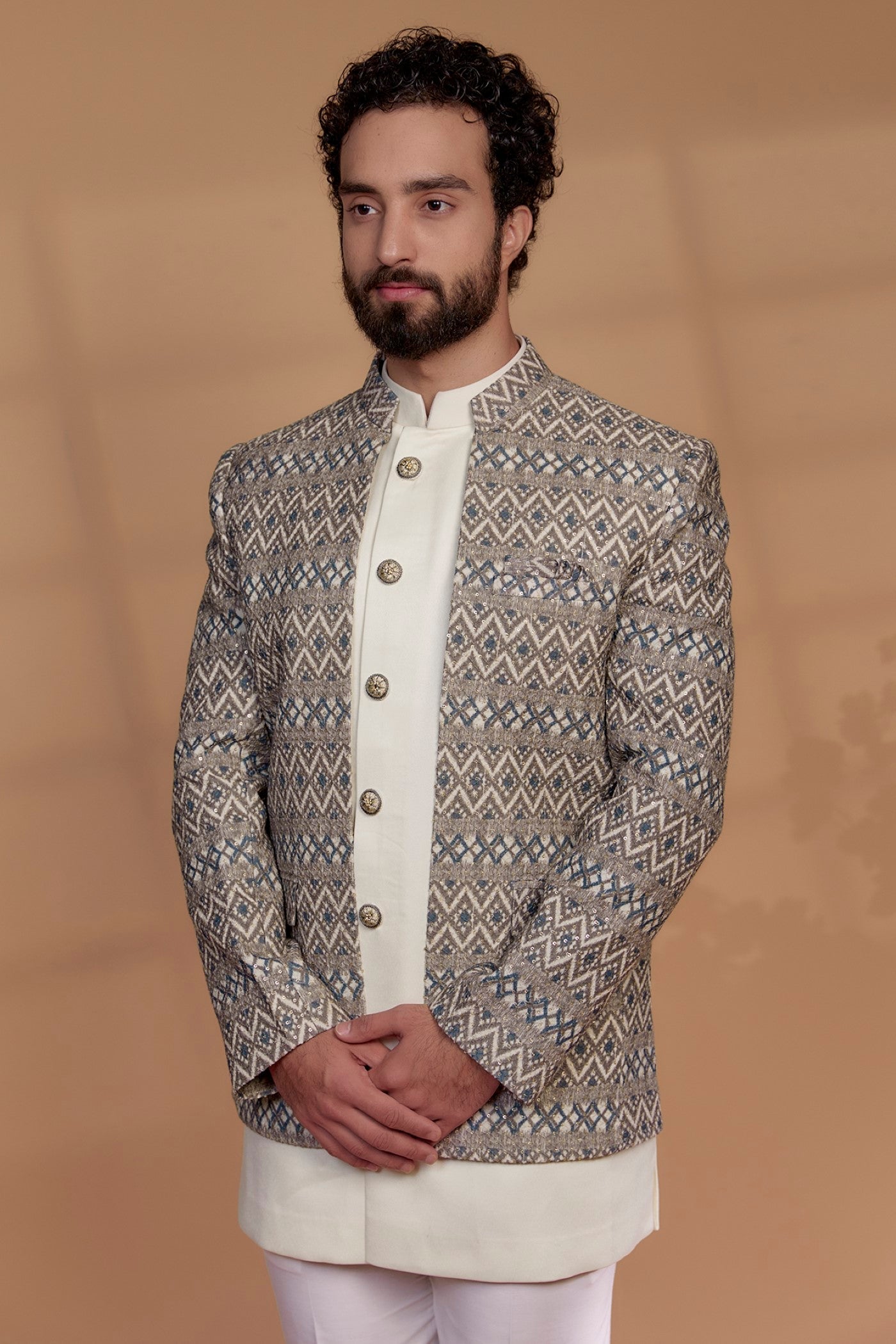 Beige Silk & Imported Suiting Fabric Indowestern Set