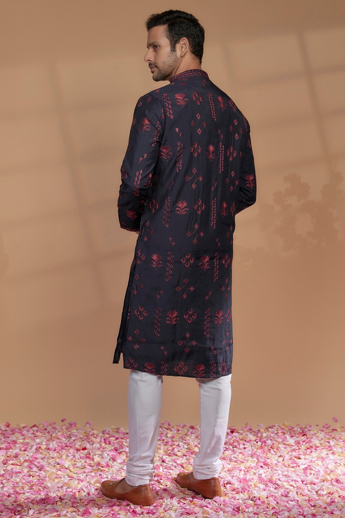 Navy  Blue Silk Embroidered Kurta Set