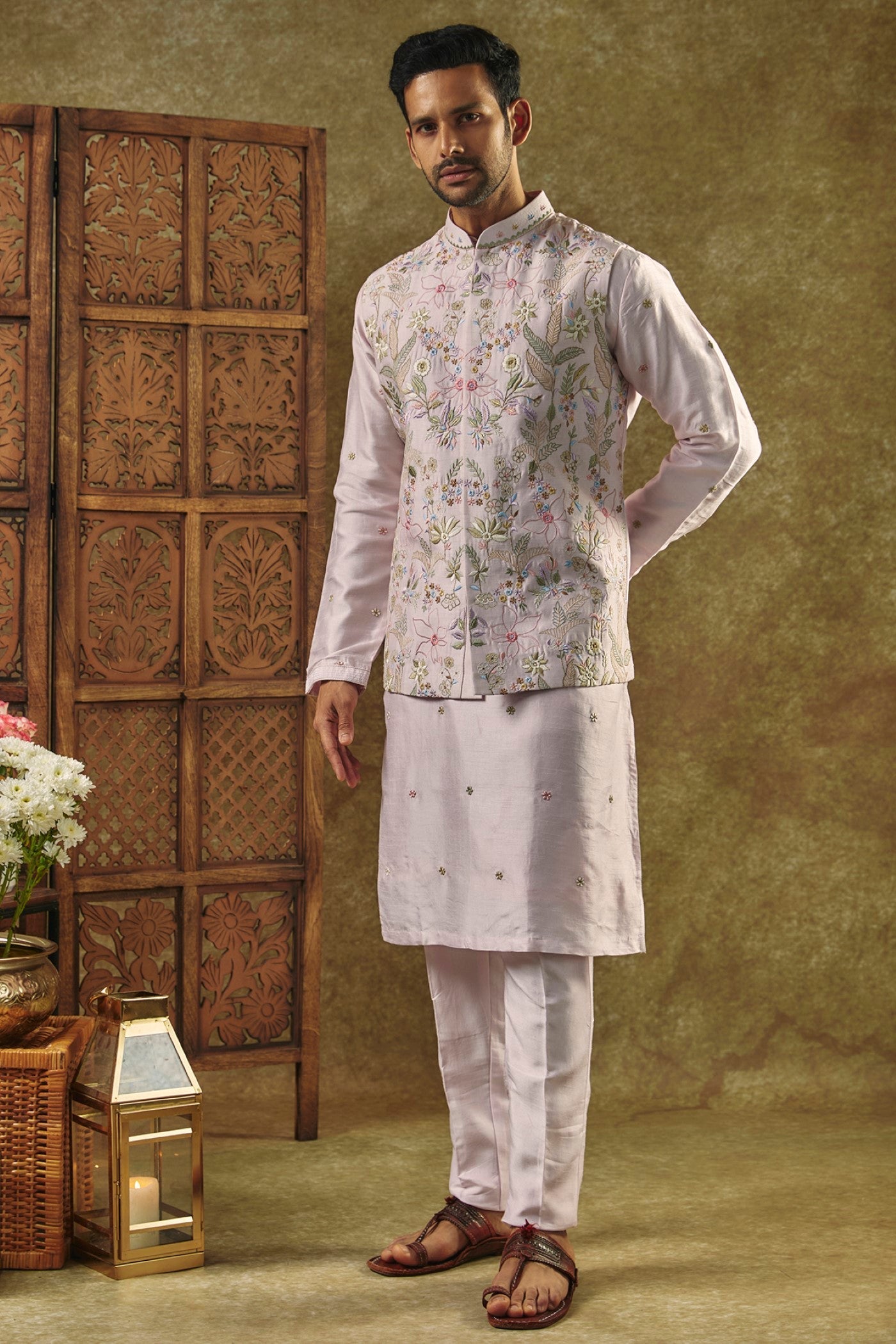 Eggshell White kurta Jacket set with mirror and resham embroidery