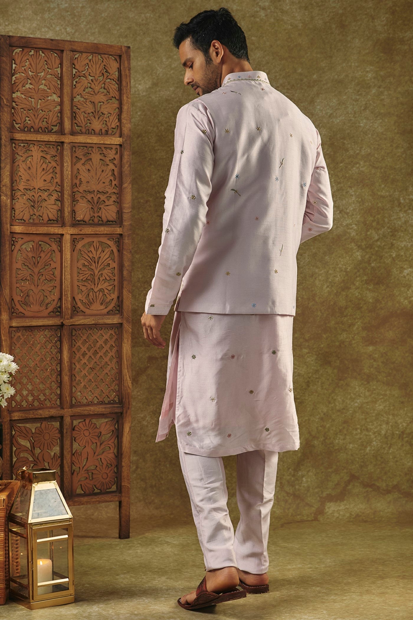 Eggshell White kurta Jacket set with mirror and resham embroidery