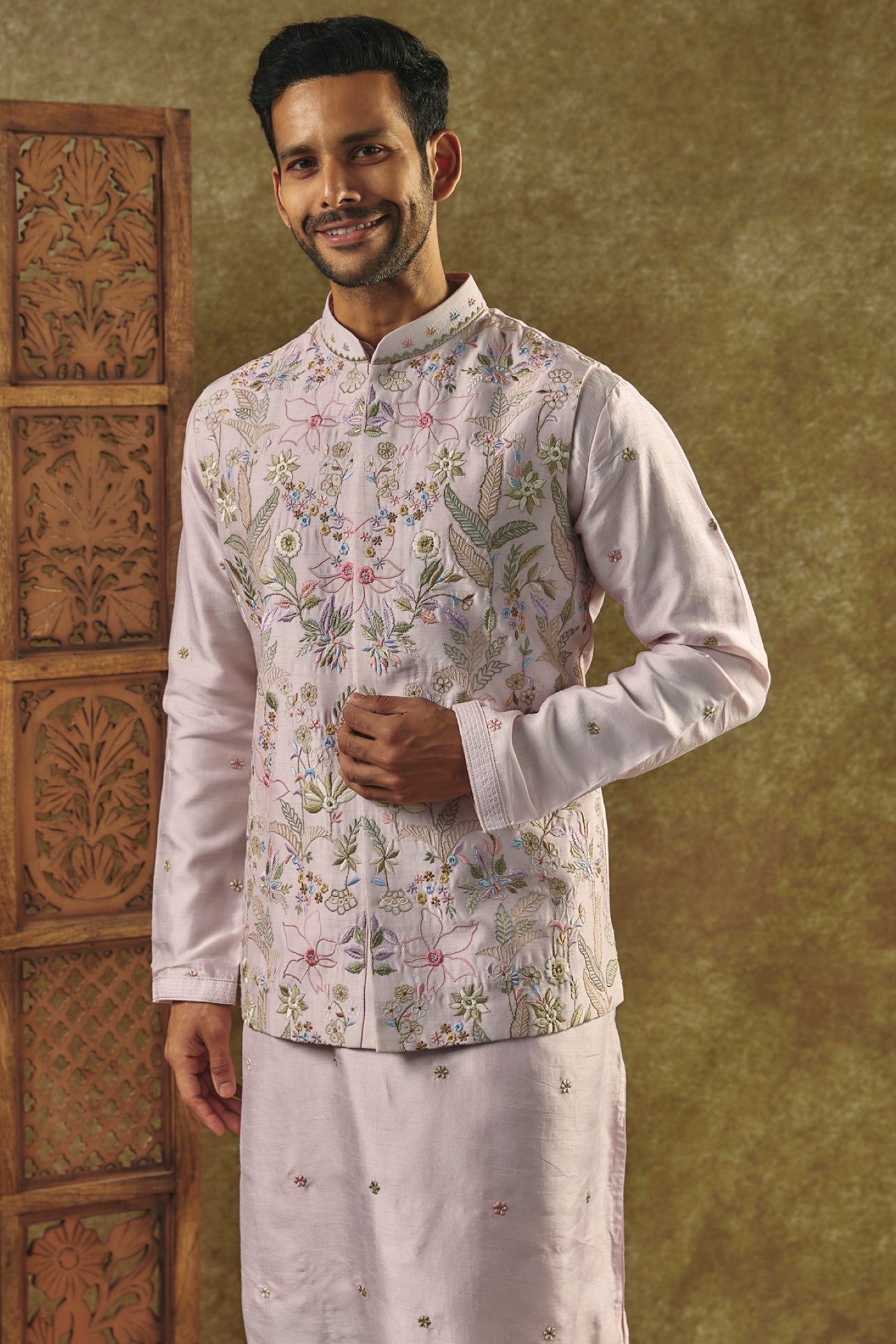 Eggshell White kurta Jacket set with mirror and resham embroidery