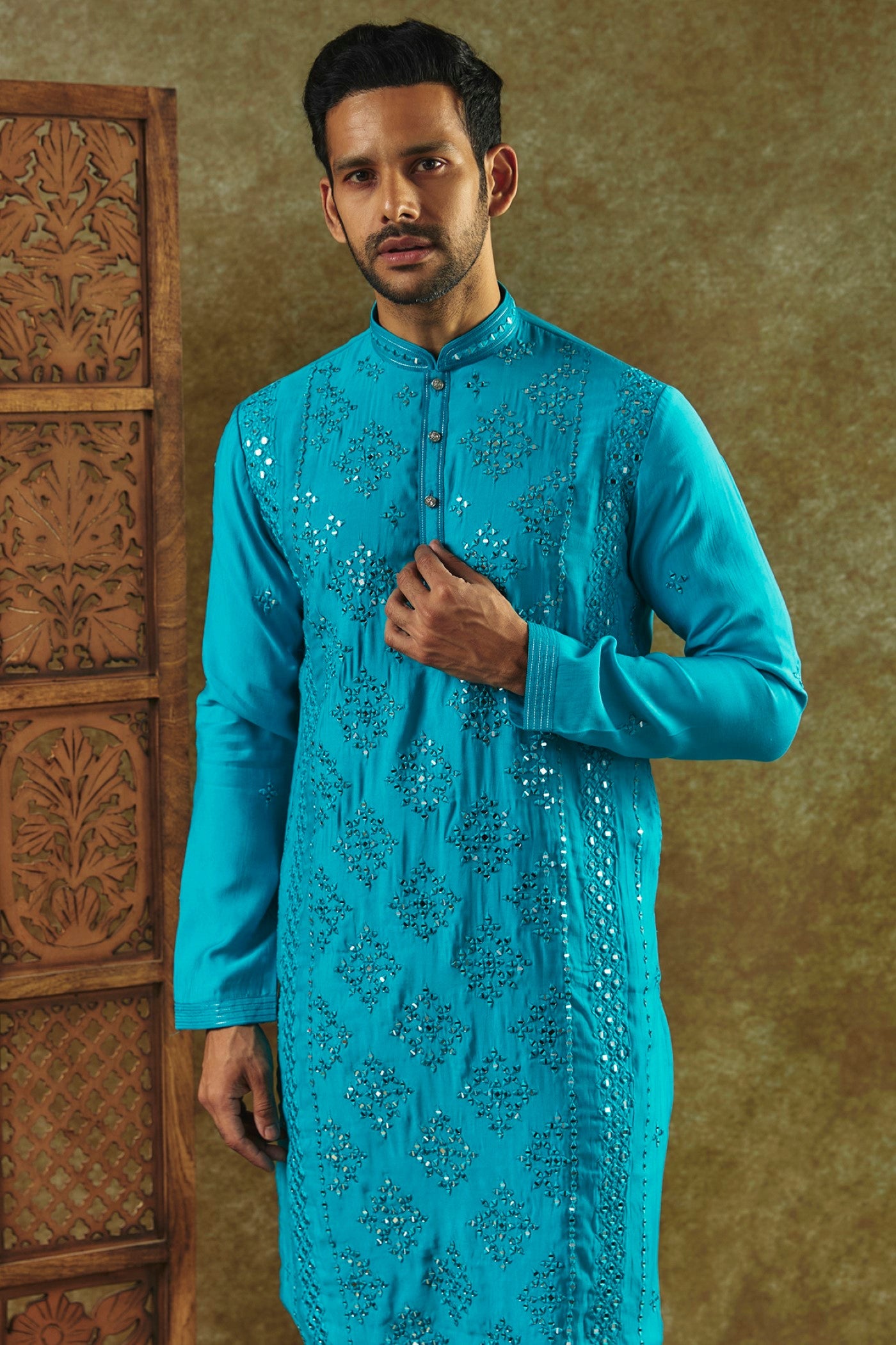 Cobalt Blue Printed Silk kurta pajama set with all over thread and mirror work