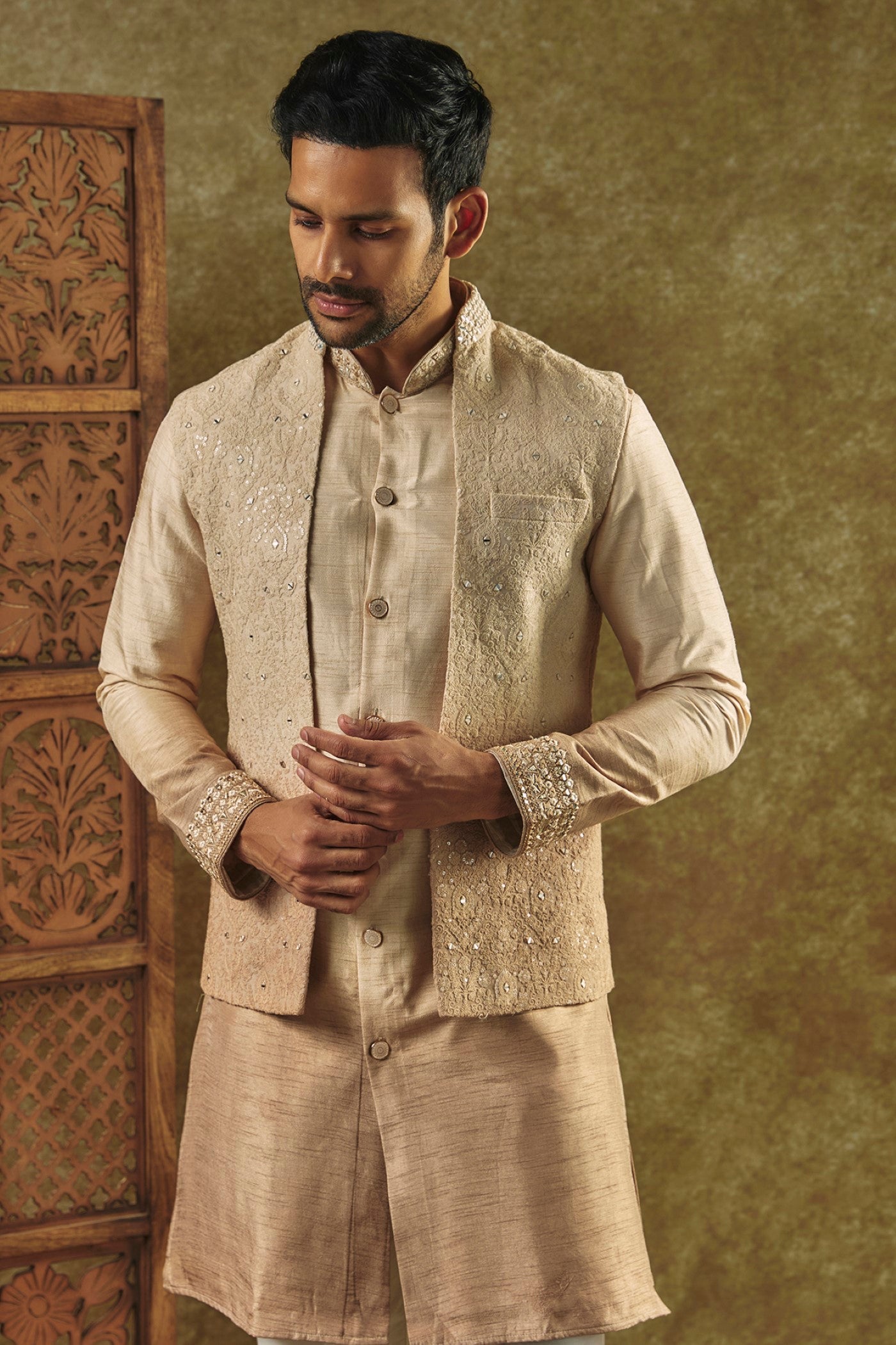 Beige Ombre Open-Indo Western set with sequin and resham embroidery