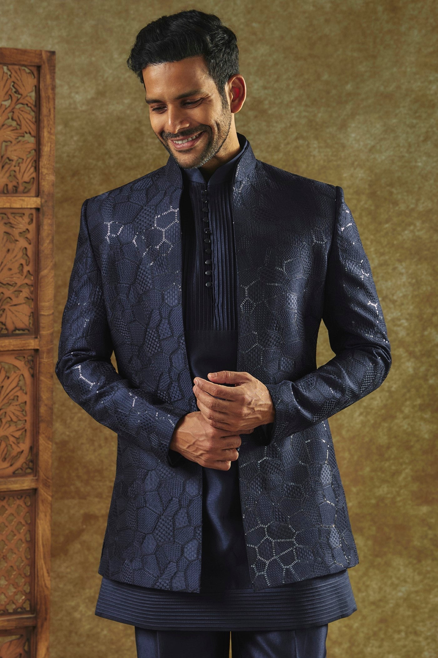 Ink Blue Ombre Open-Indo Western set with sequin and resham embroidery