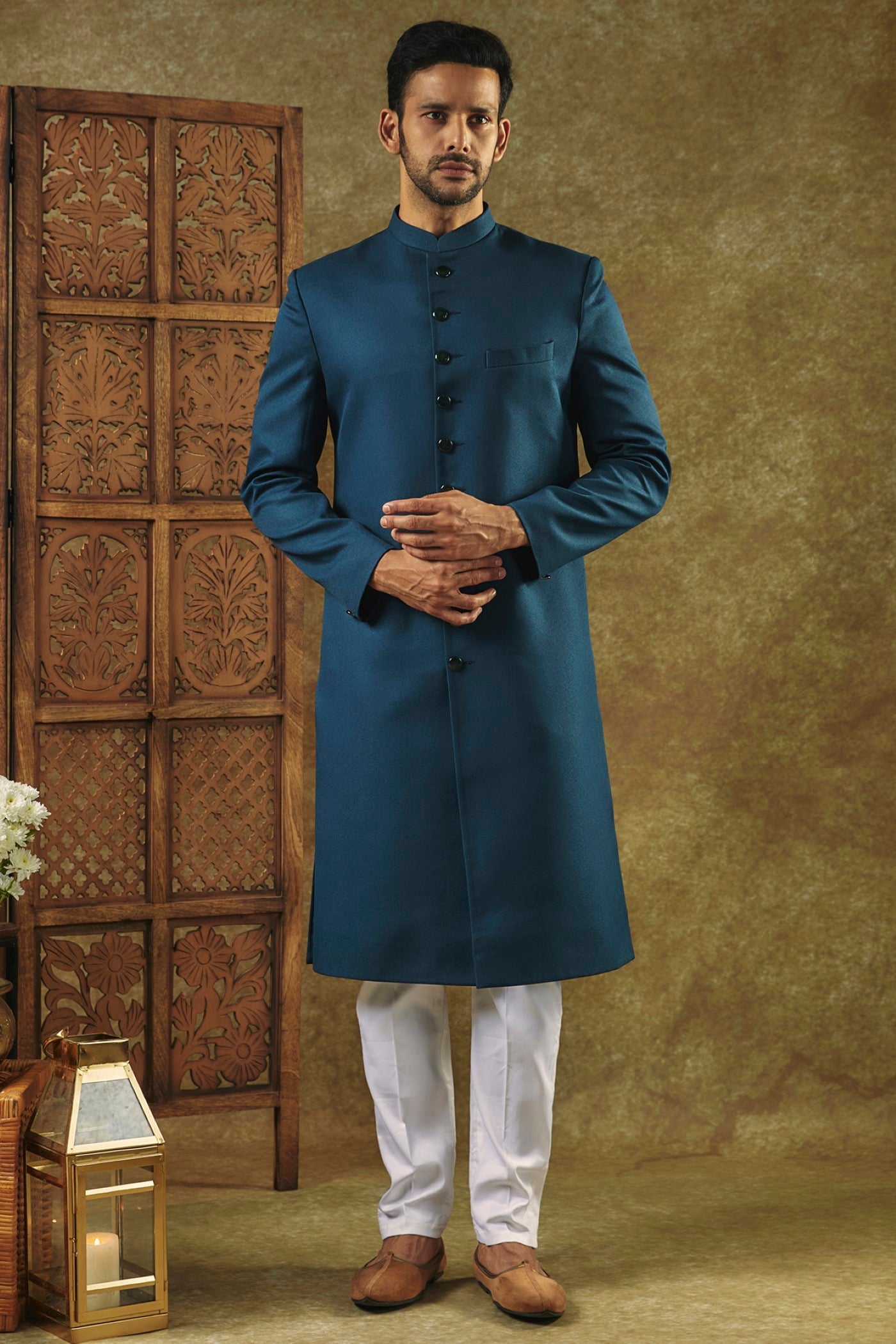 Royal Blue Plain Indo Western set with matching buttons