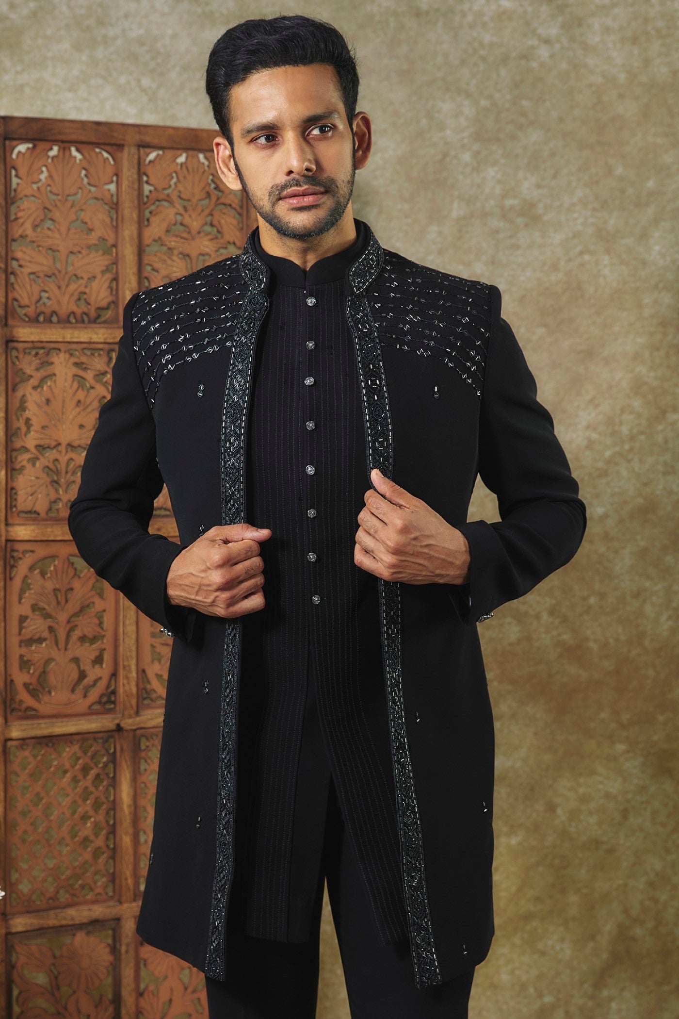 Jet Black Ombre Open-Indo Western set with sequin and resham embroidery