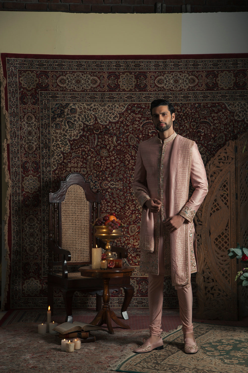 Powder Pink Nilofer Sherwani Set - Auraya Fashion - Rachit Khanna Men - #tag1# - #tag2# - #tag3# - #tag3#