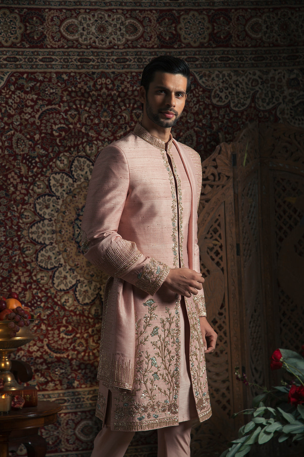 Powder Pink Nilofer Sherwani Set - Auraya Fashion -  - #tag1# - #tag2# - #tag3# - #tag3#