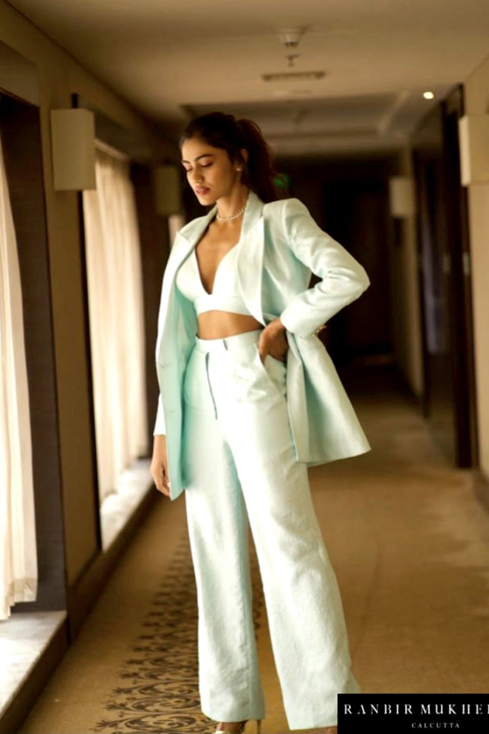 Light Blue Nysa Silk Blazer Set - Auraya Fashion - Ranbir Mukherjee - #tag1# - #tag2# - #tag3# - #tag3#