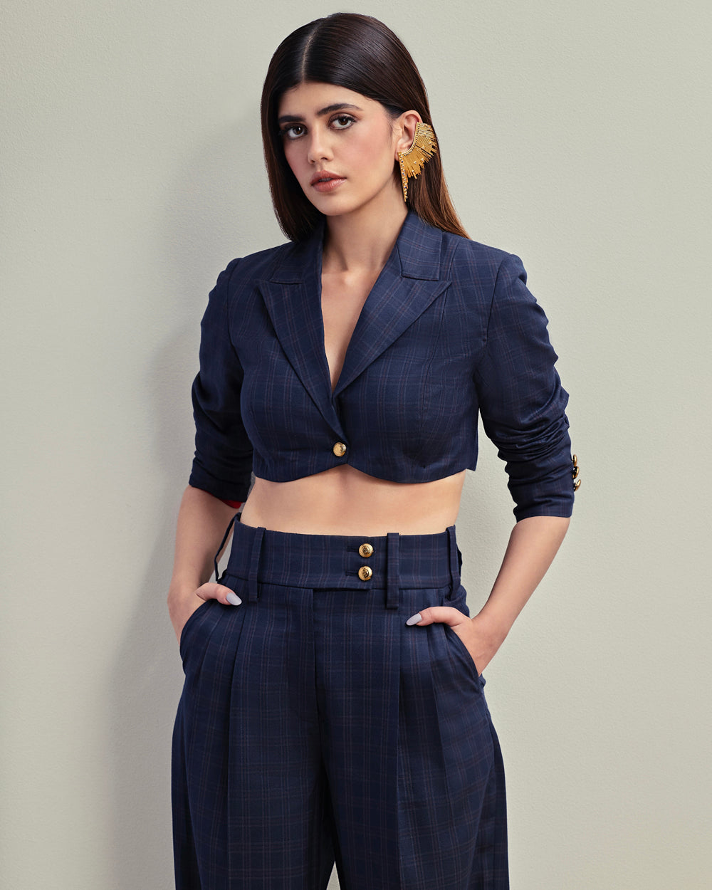 Blue Checks Cropped Blazer & Pants - Auraya Fashion -  - #tag1# - #tag2# - #tag3# - #tag3#