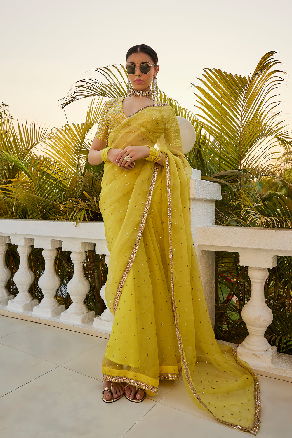 Lime Yellow Organza Badla Saree & Blouse - Auraya Fashion - Ranbir Mukherjee - #tag1# - #tag2# - #tag3# - #tag3#