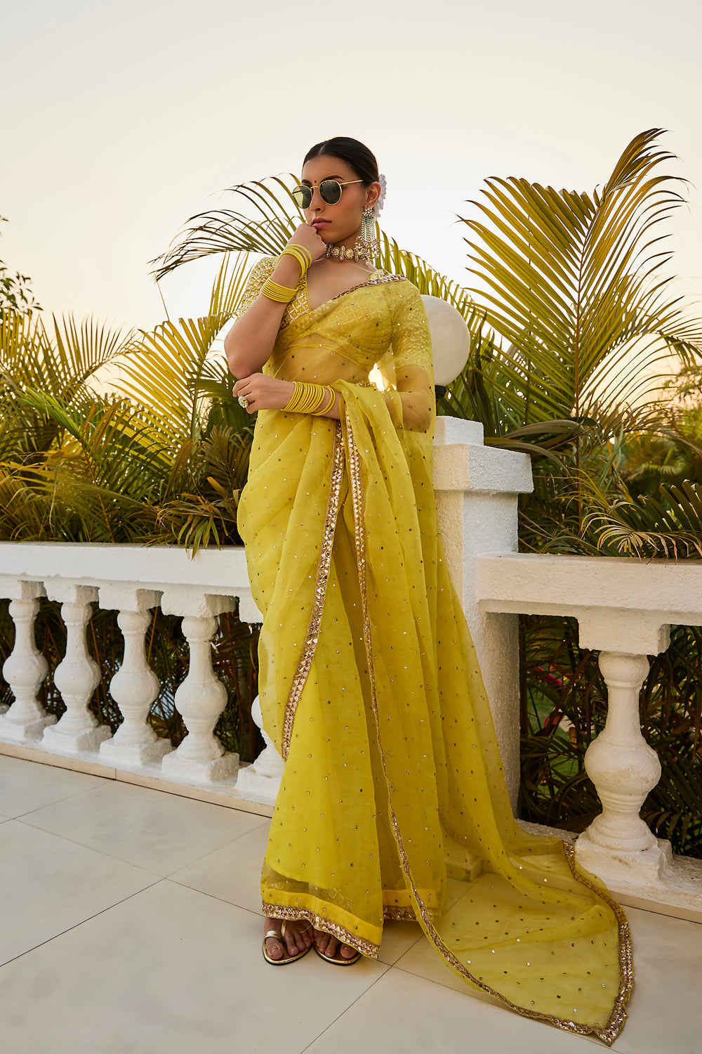 Lime Yellow Organza Badla Saree & Blouse - Auraya Fashion -  - #tag1# - #tag2# - #tag3# - #tag3#