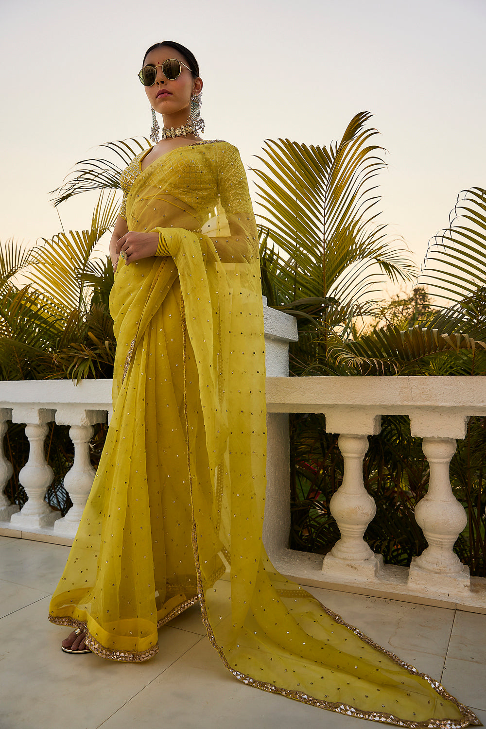 Lime Yellow Organza Badla Saree & Blouse - Auraya Fashion -  - #tag1# - #tag2# - #tag3# - #tag3#