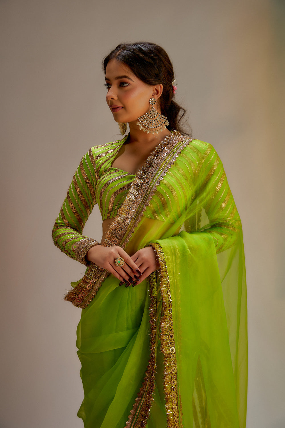 Green Organza Jaal & Lace Hand Embroidered Saree Set