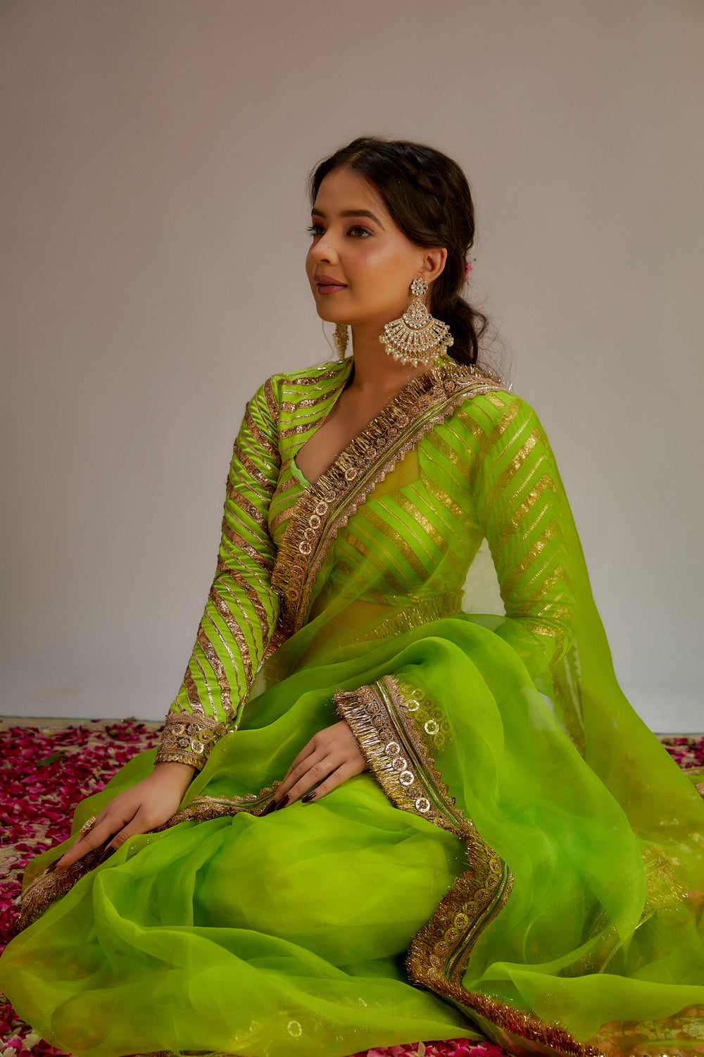 Green Organza Jaal & Lace Hand Embroidered Saree Set