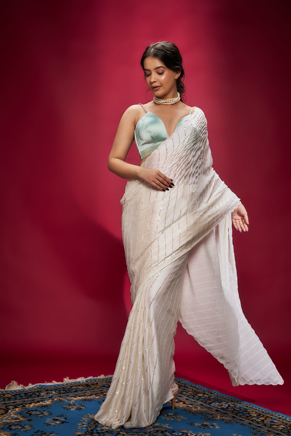 White Satin Georgette Sequins Embroidered Saree Set