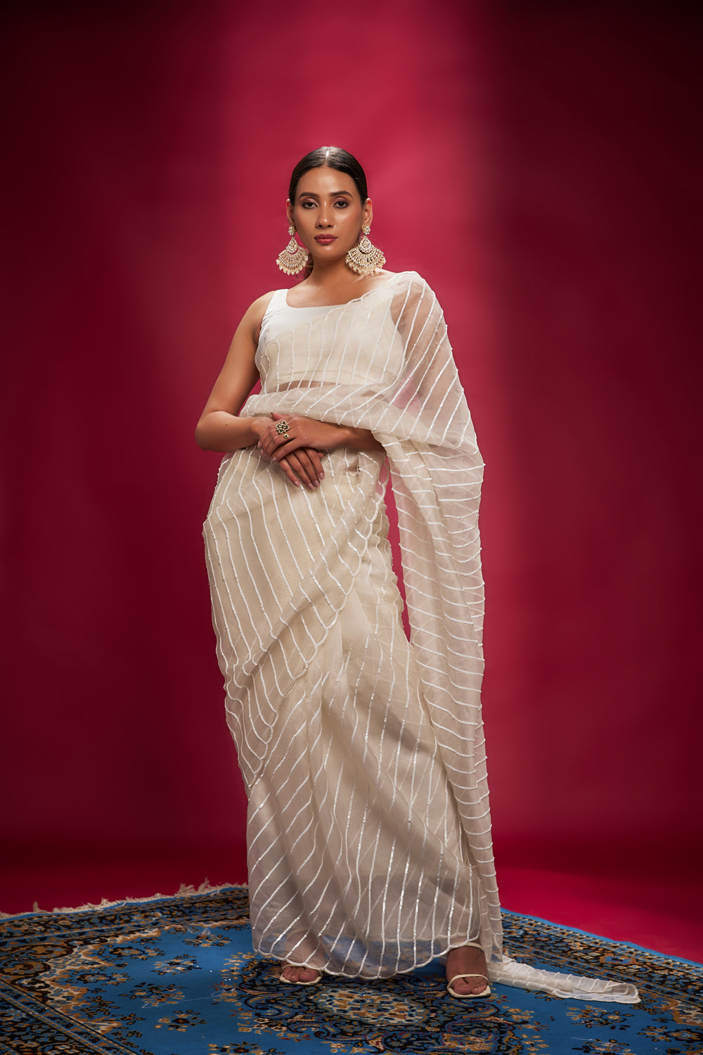 White Organza Sequins Saree Set