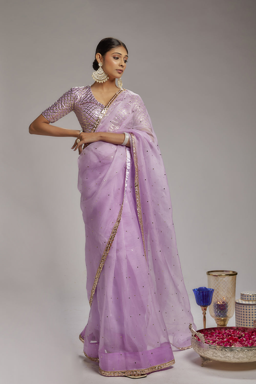 Lilac Pure Organza Badla Work Saree Set - Auraya Fashion - Ranbir Mukherjee - #tag1# - #tag2# - #tag3# - #tag3#