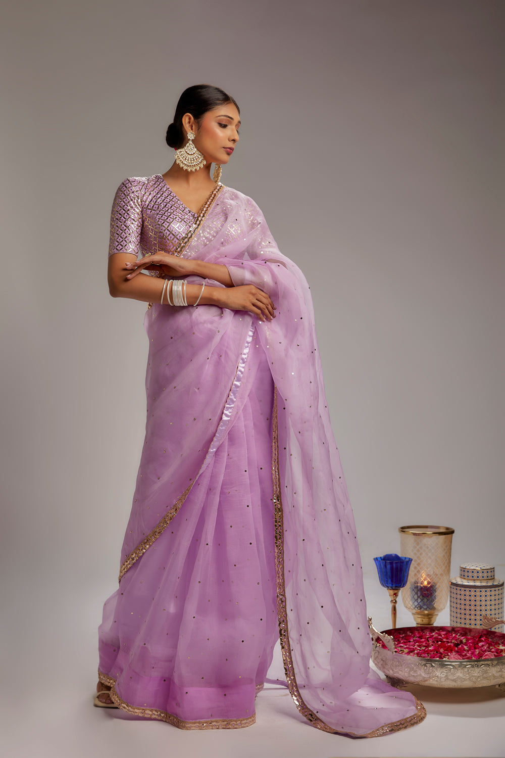 Lilac Pure Organza Badla Work Saree Set - Auraya Fashion -  - #tag1# - #tag2# - #tag3# - #tag3#